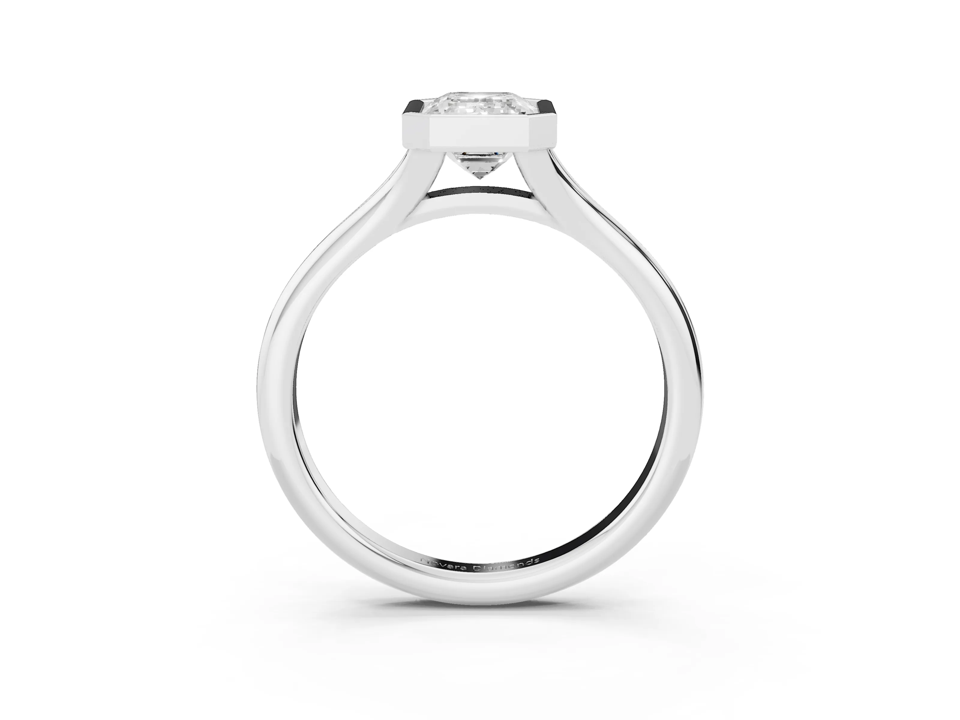 Bezel Set Emerald Cut Diamond Solitaire Ring Set in White gold with Smooth Band