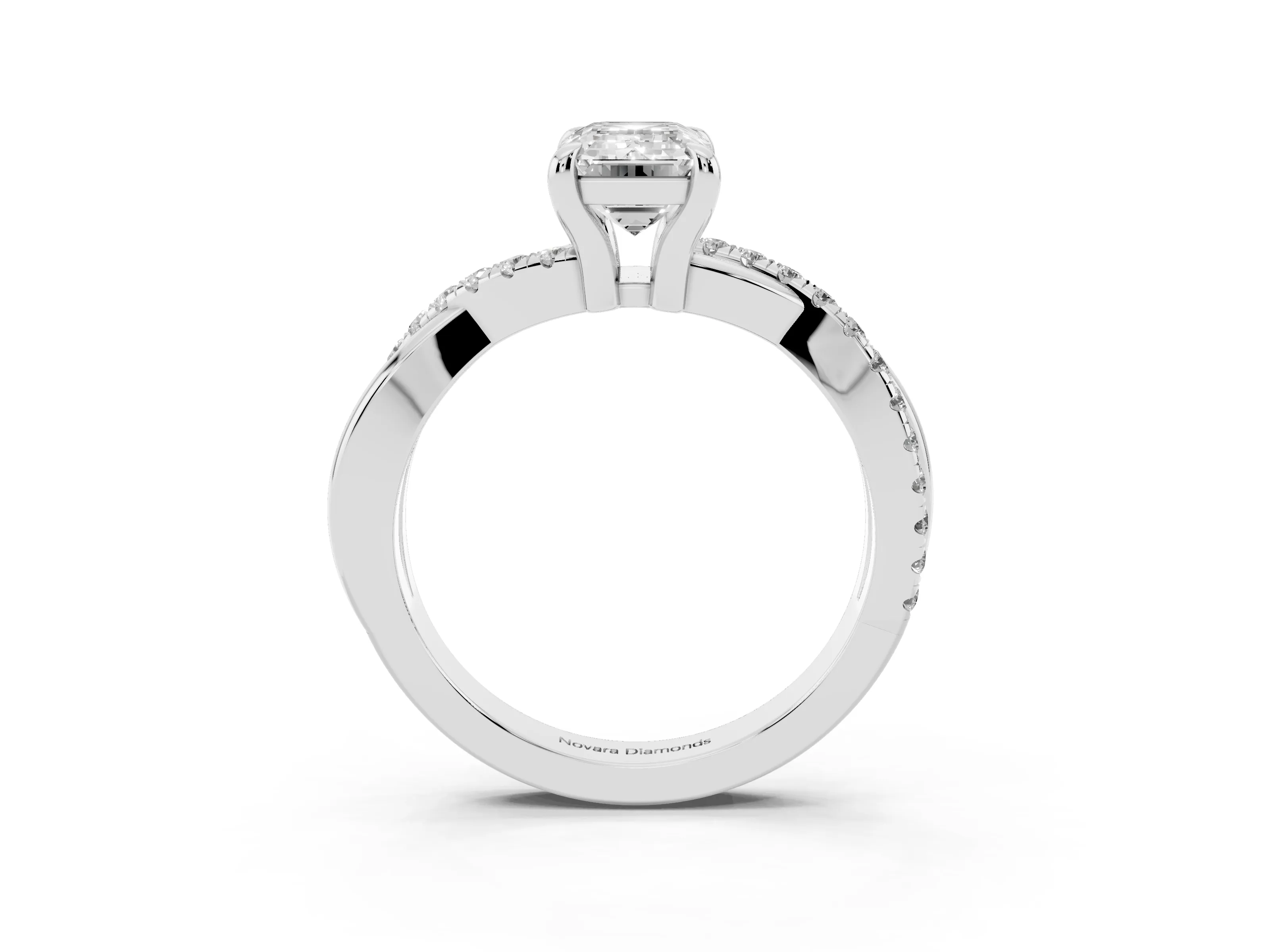 Emerald Cut Diamond Twist Band Solitaire Set in Platinum with Pavé Accents and Prong Setting