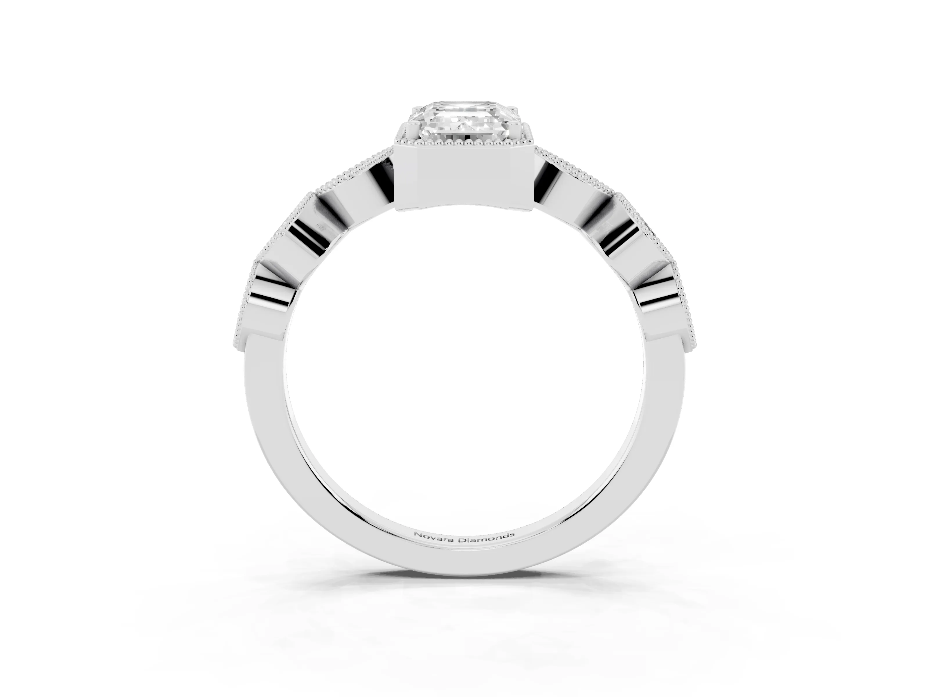 Emerald Cut Diamond Vintage-Inspired Milgrain Ring Set in Platinum with Marquise Stations of Round Accents