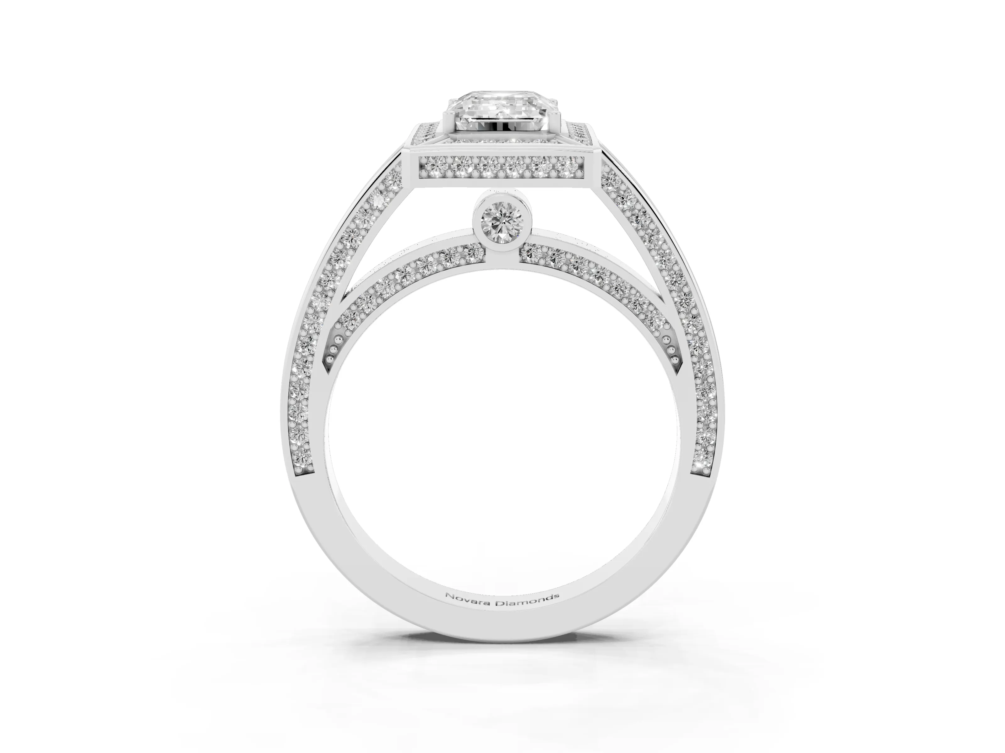 Emerald Cut Diamond Halo Pavé Split Shank Ring Set in Silver with Prong Setting