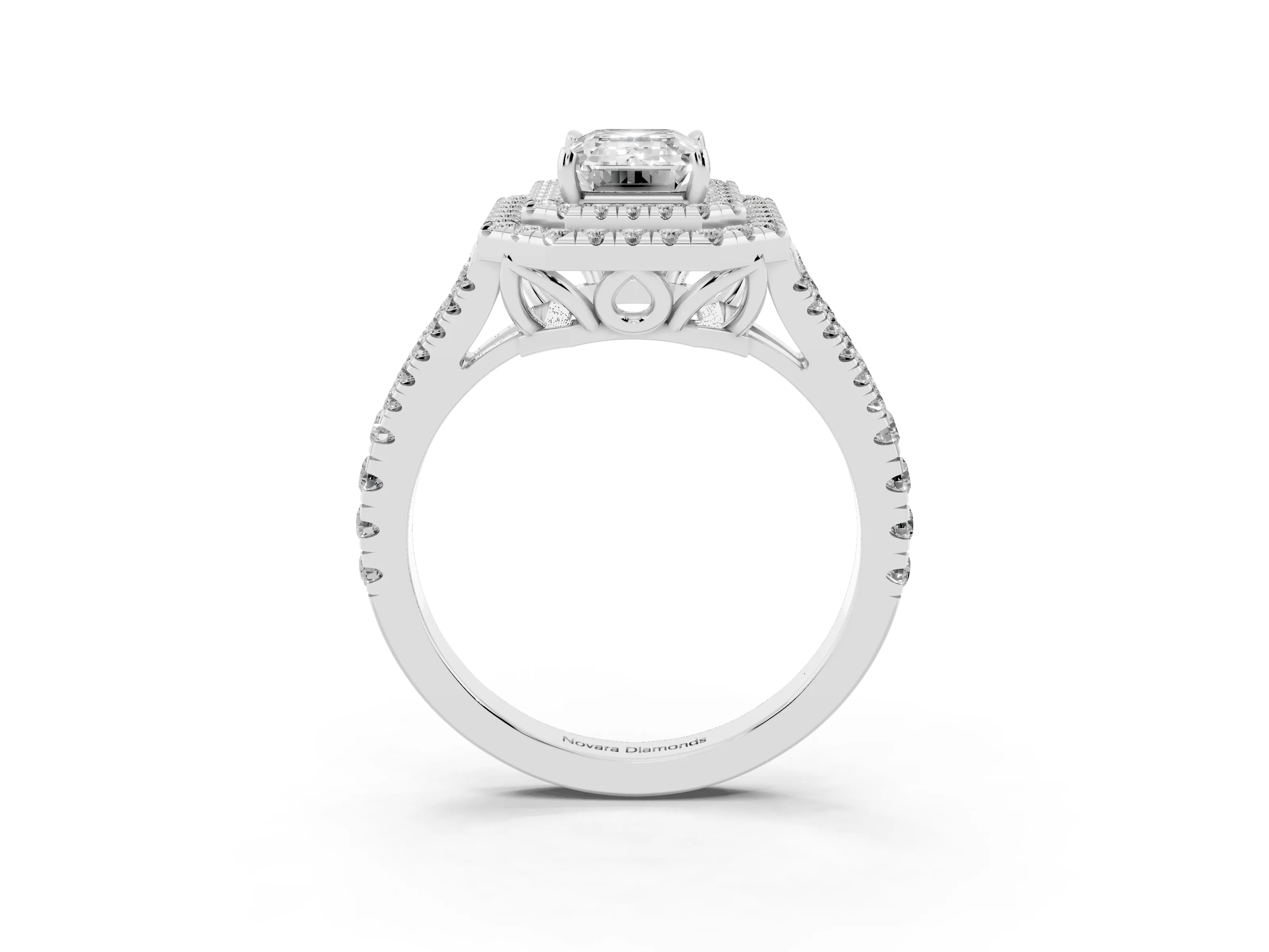 Emerald Cut Diamond Double Halo Ring Set in Silver with Pavé Band