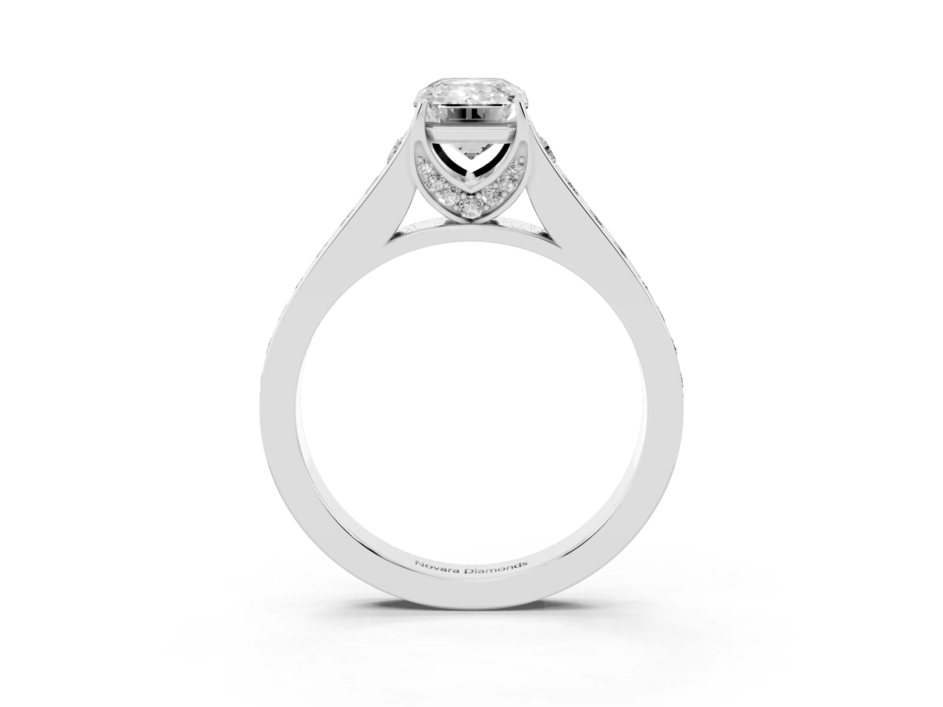 Emerald Cut Diamond Solitaire Pavé Engagement Ring Set in White gold with Prong Setting
