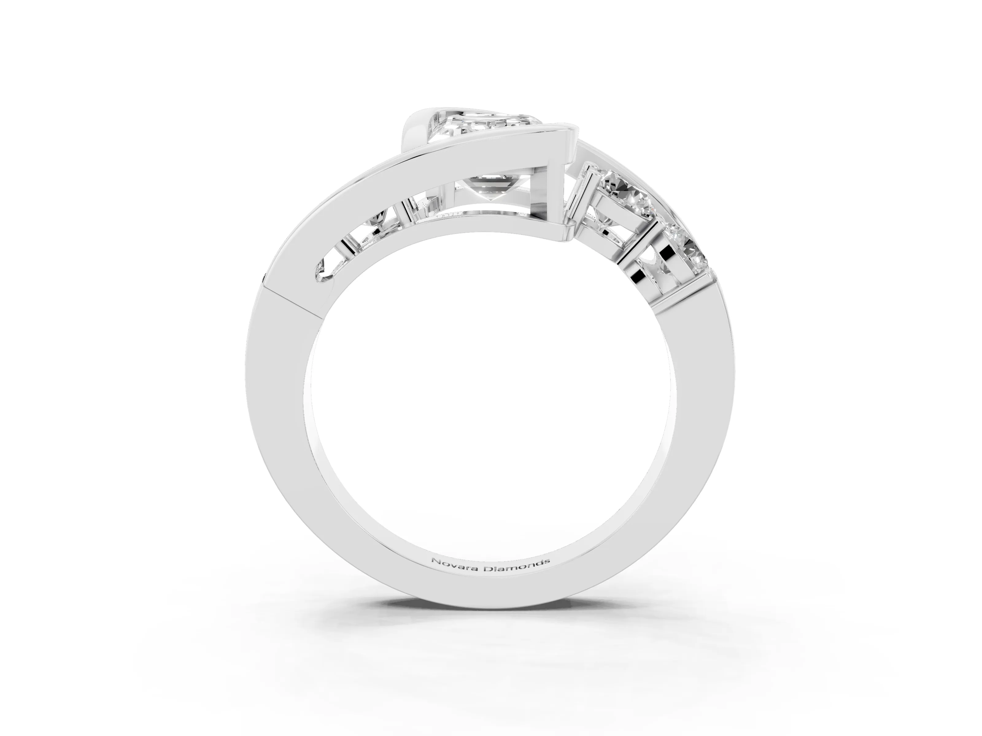 Emerald Cut Diamond Bezel Bypass Ring Set in Silver with Round Accents