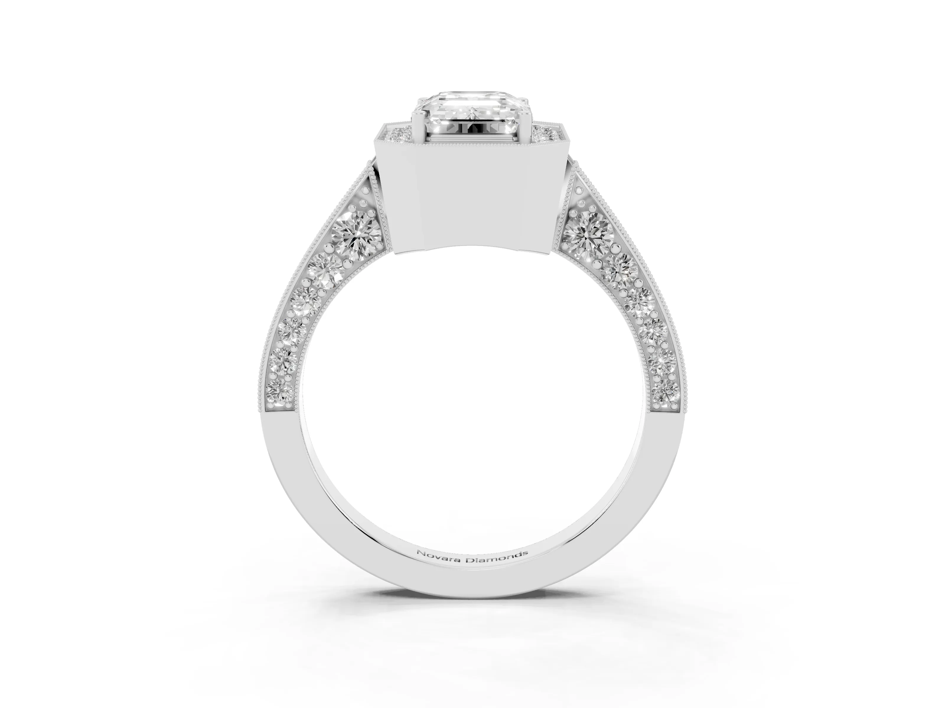 Emerald Cut Diamond Halo Engagement Ring Set in Silver with Accent Split Shank Band