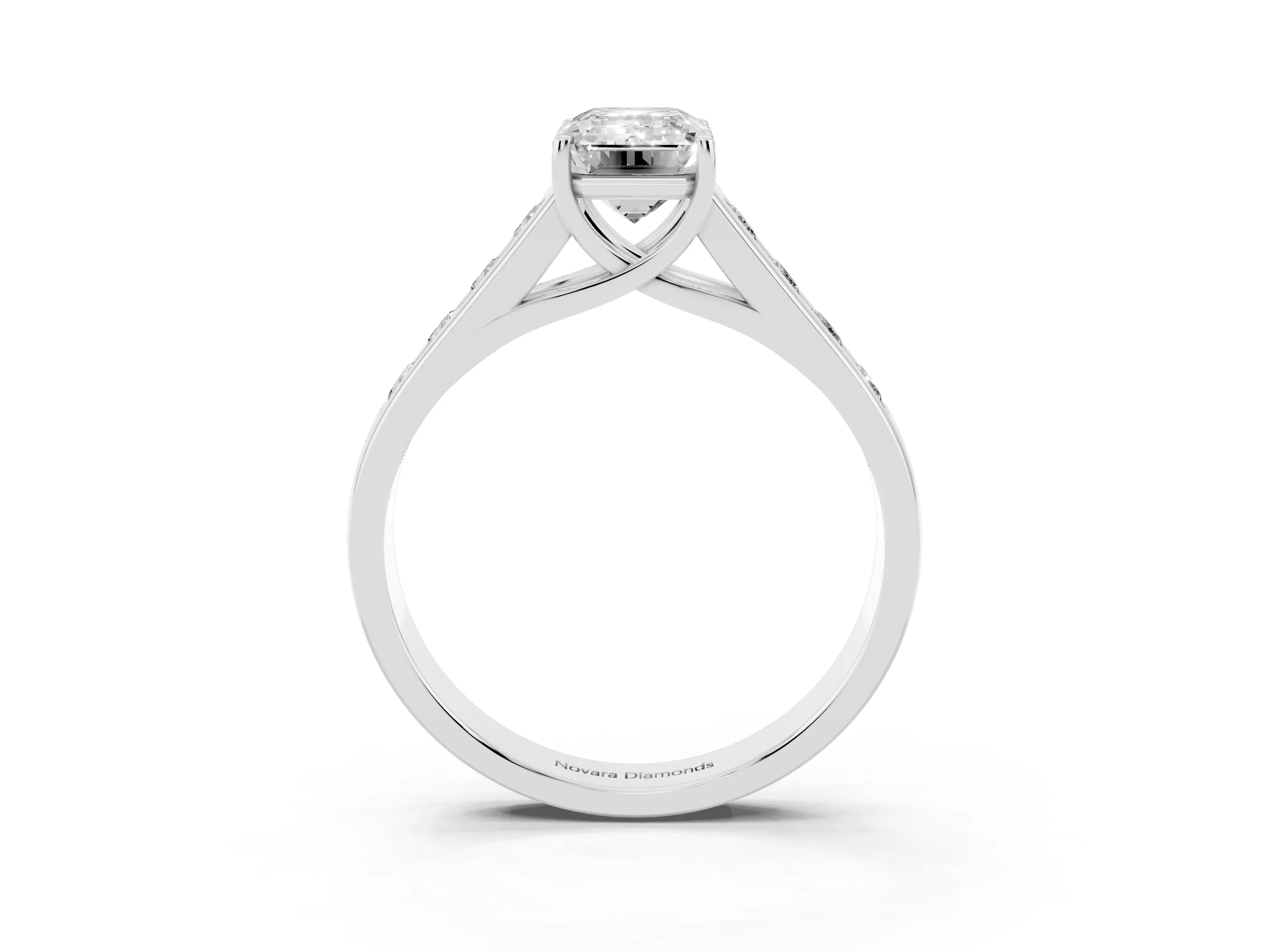 Emerald Cut Diamond Solitaire Channel-Set Engagement Ring Set in White gold with Prong Setting