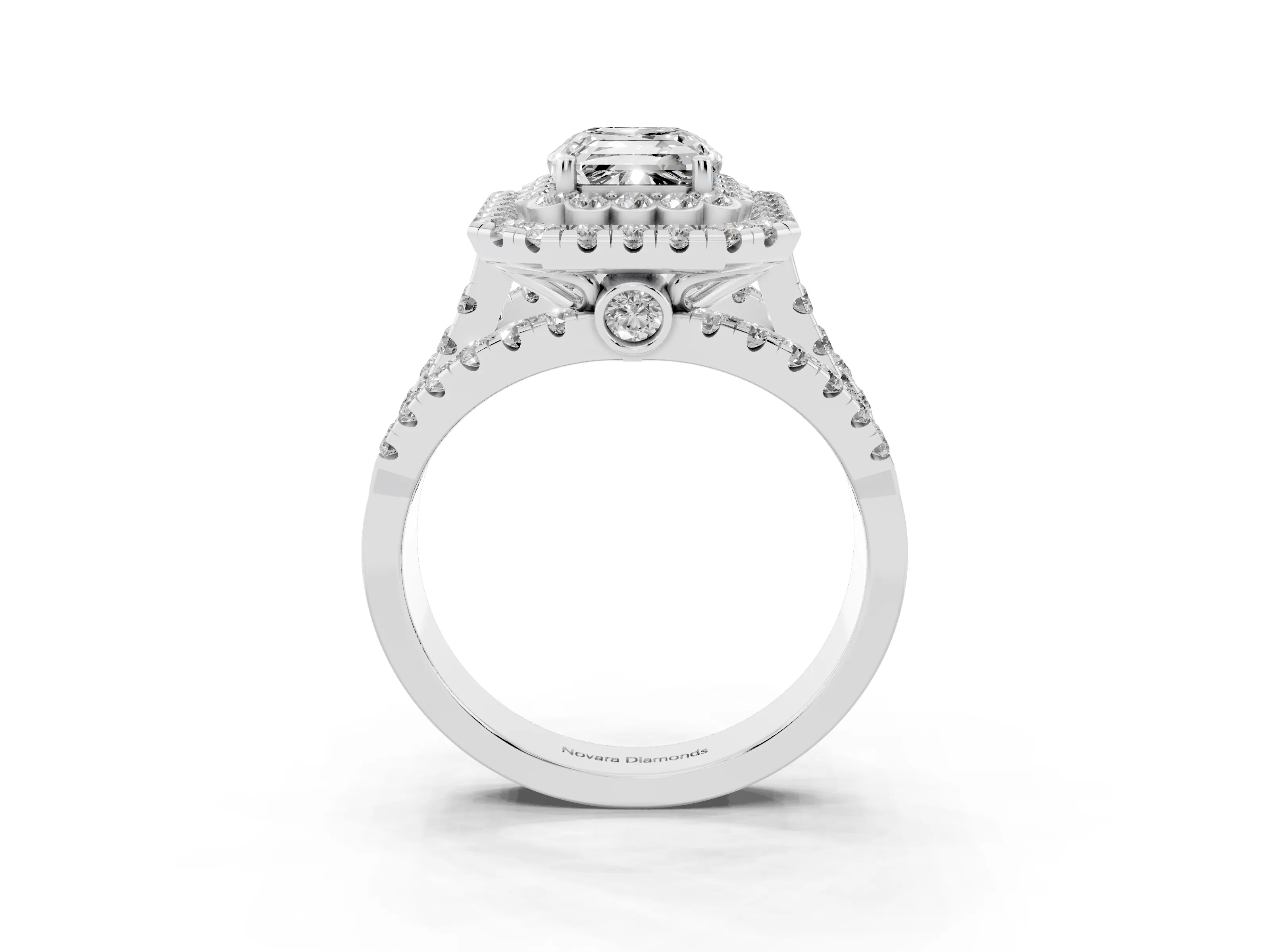 Emerald Cut Diamond Double Halo Ring Set in Silver with Round Pavé Split Shank