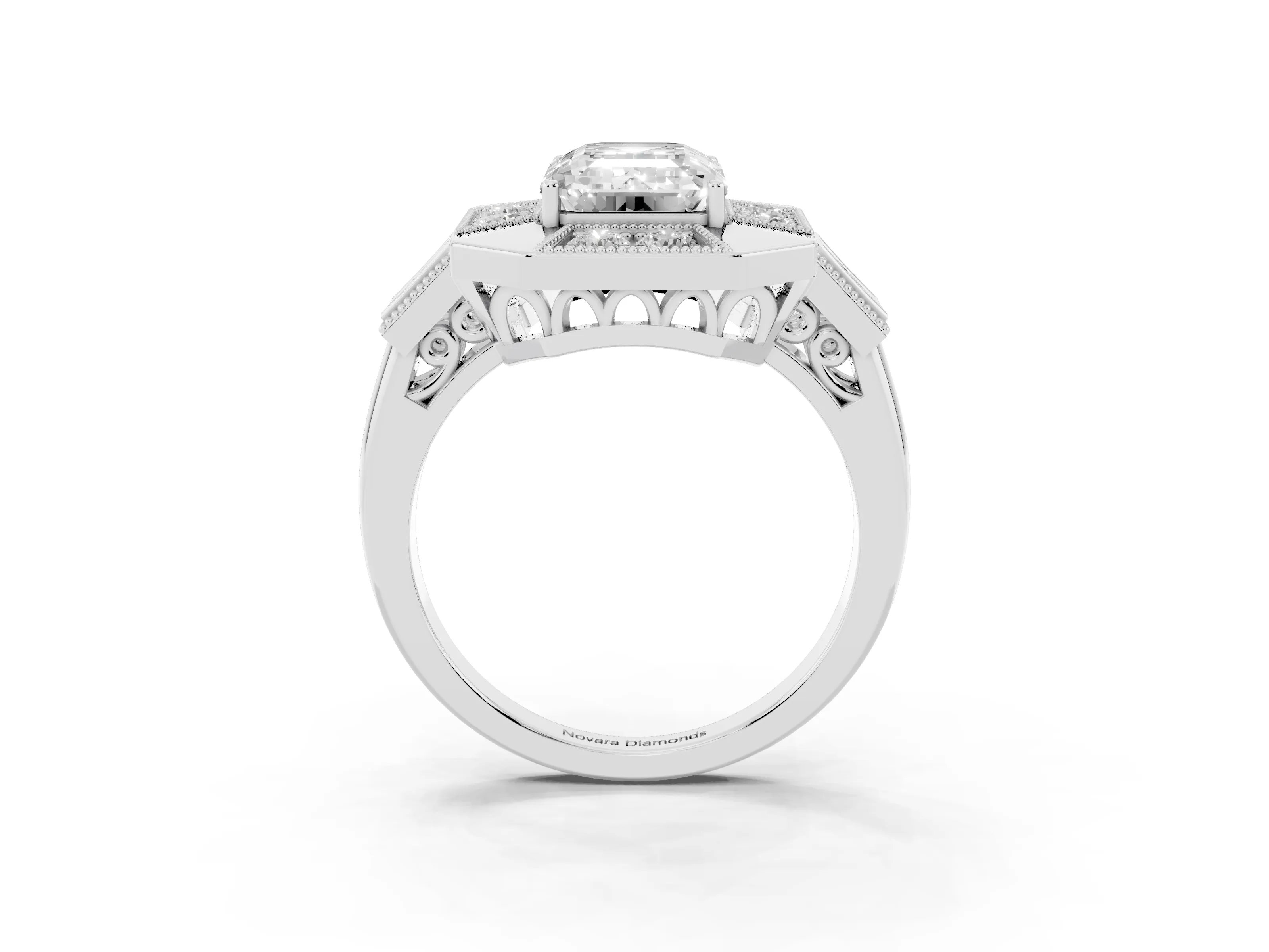 Emerald Cut Diamond Milgrain Halo Ring Set in Platinum with Split Shank