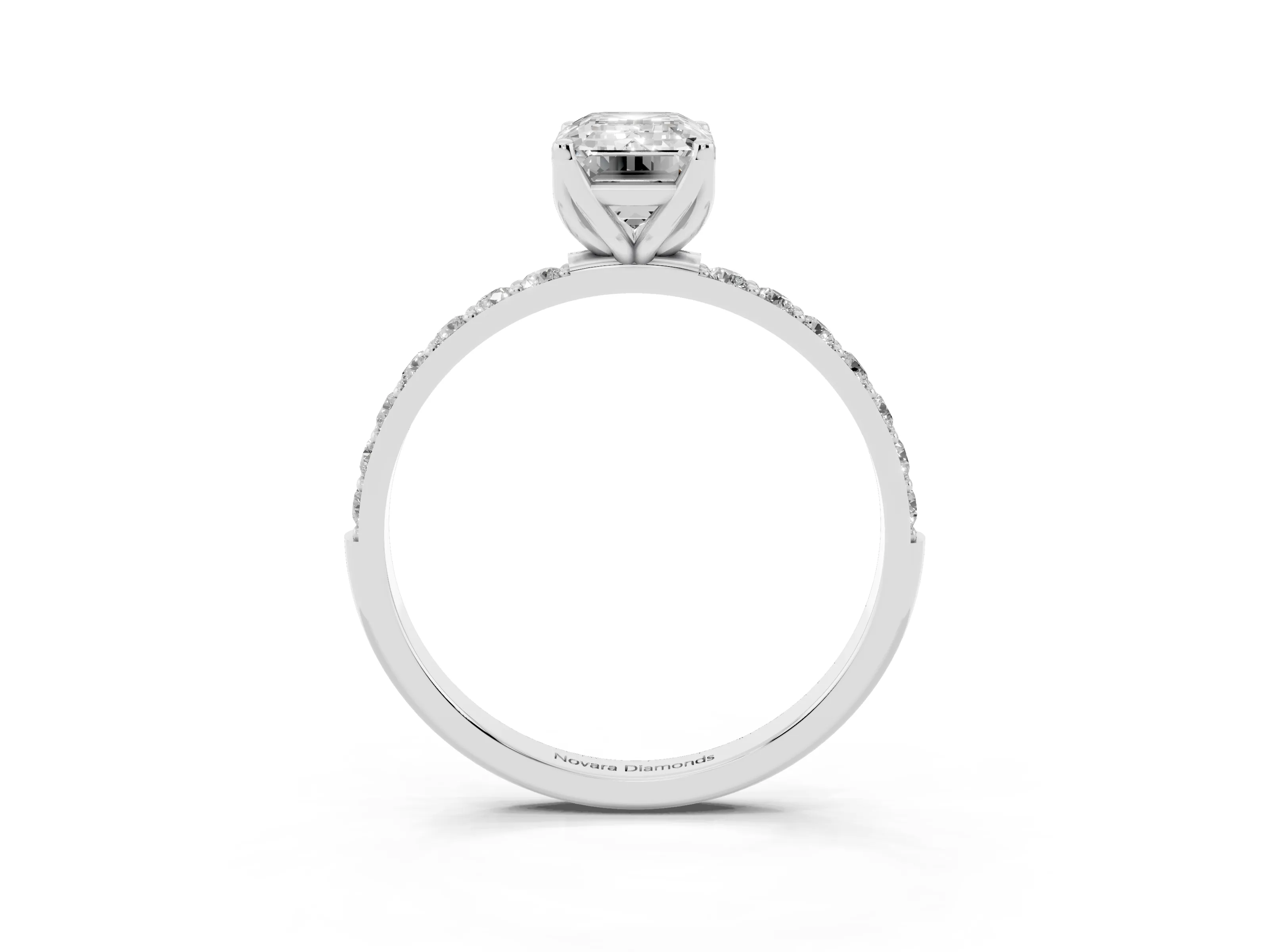 Emerald Cut Diamond Solitaire Engagement Ring Set in Platinum with Round Pavé Band and Prong Setting