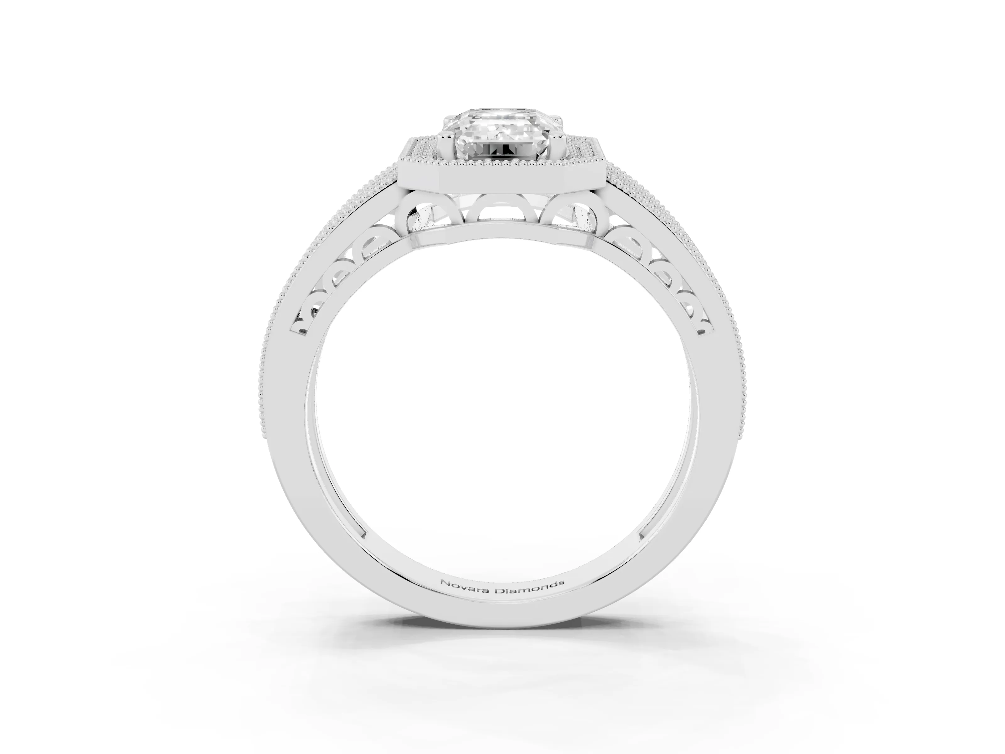 Emerald Cut Diamond Halo Ring Set in Silver with Accent Split Shank and Prong Setting