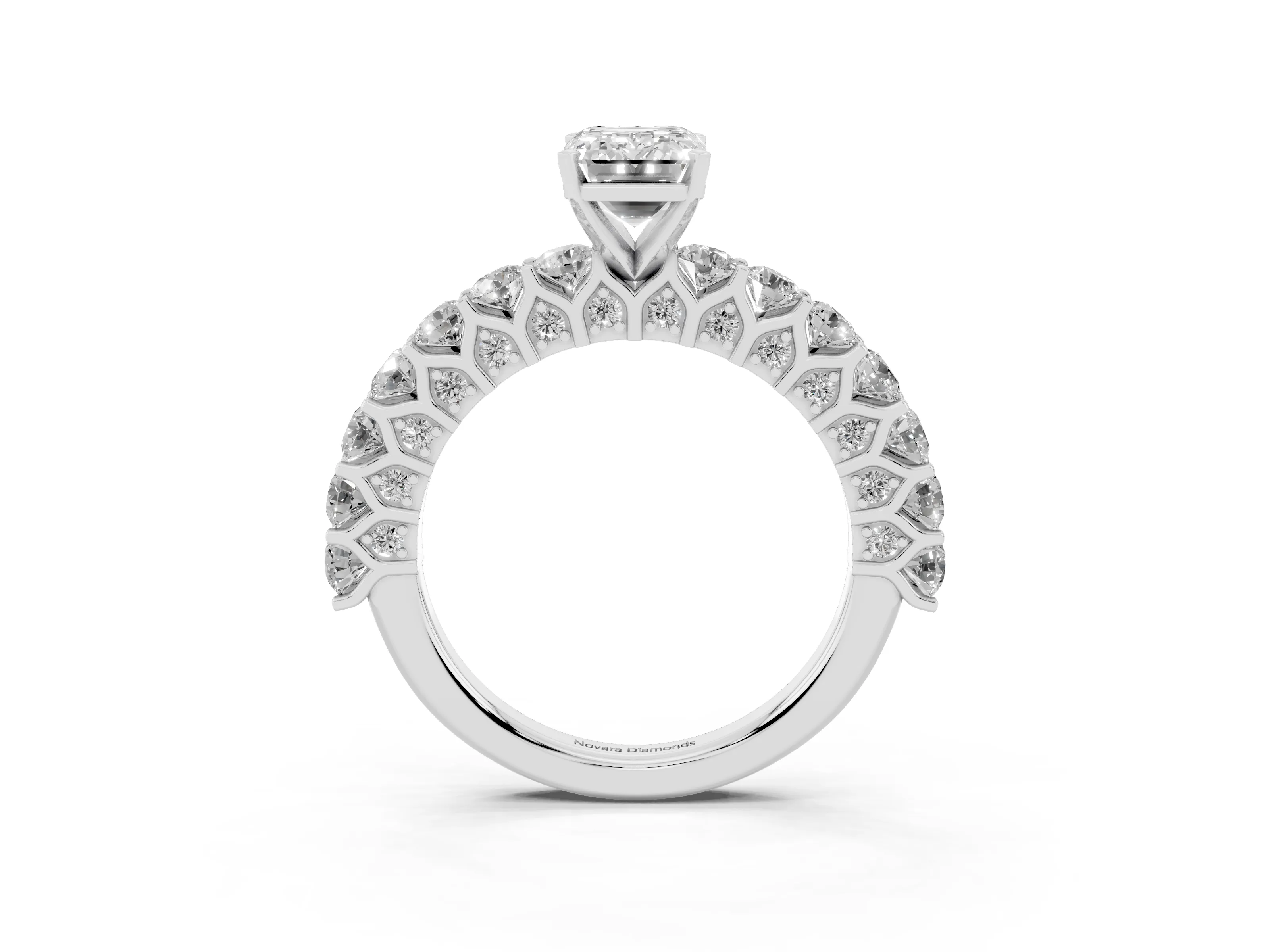 Emerald Cut Diamond Solitaire Ring Set in Platinum with Shared Prong Pavé Band