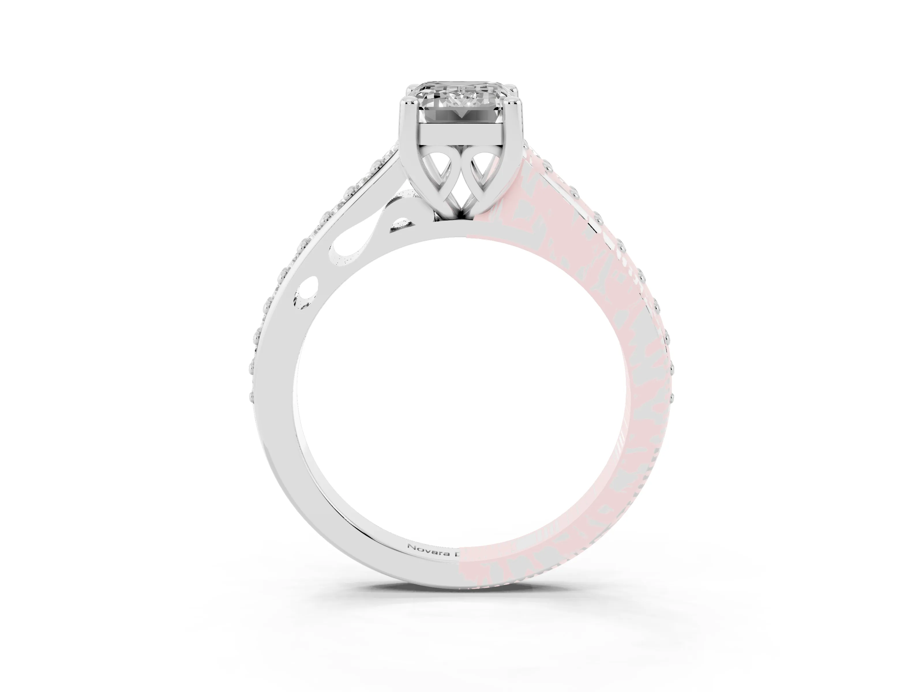 Emerald Cut Diamond Prong Set Solitaire Engagement Ring Set in Platinum with Pavé Band