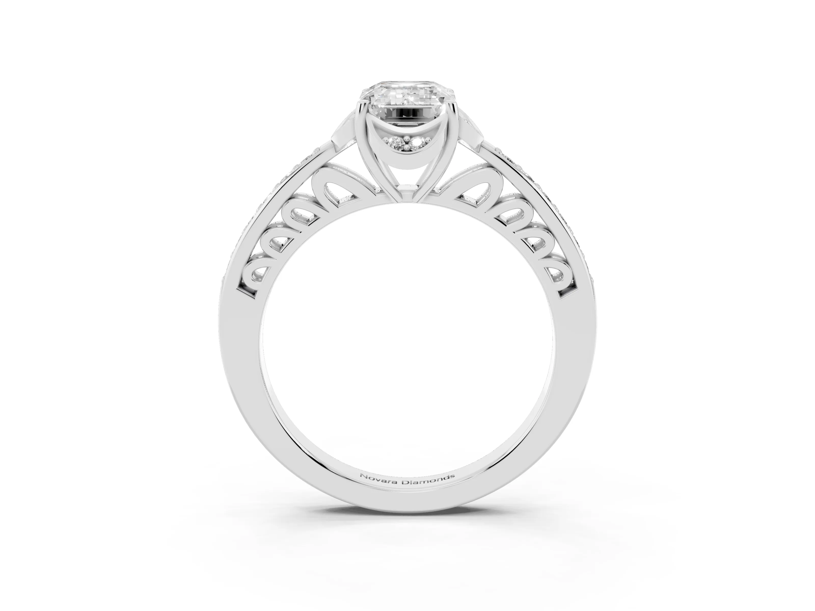 Emerald Cut Diamond Halo Ring Set in Silver with Channel Set Band and Prong Setting