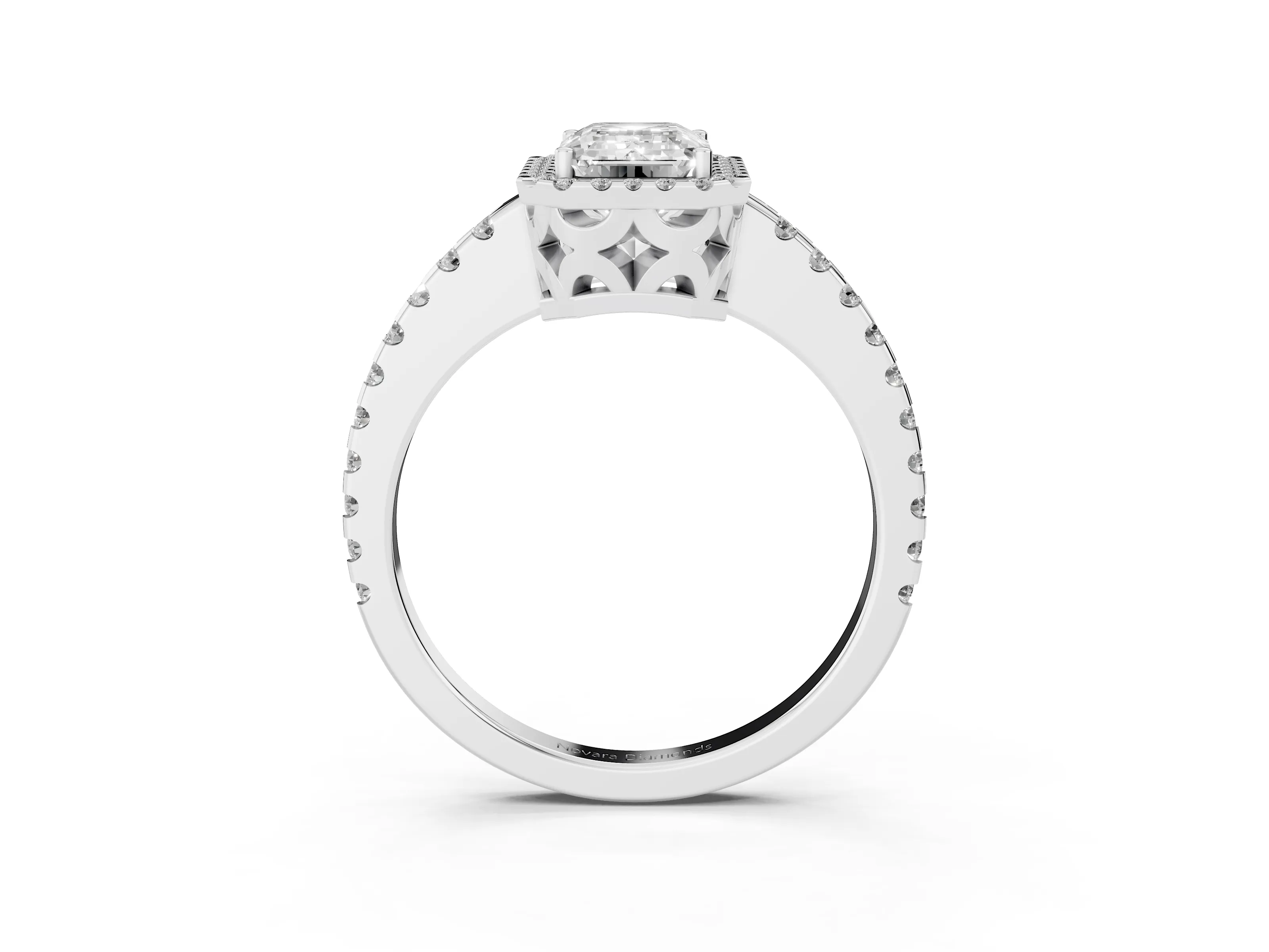Emerald Cut Diamond Halo Ring Set in White gold with Pavé Shoulders and Halo-Framed Center