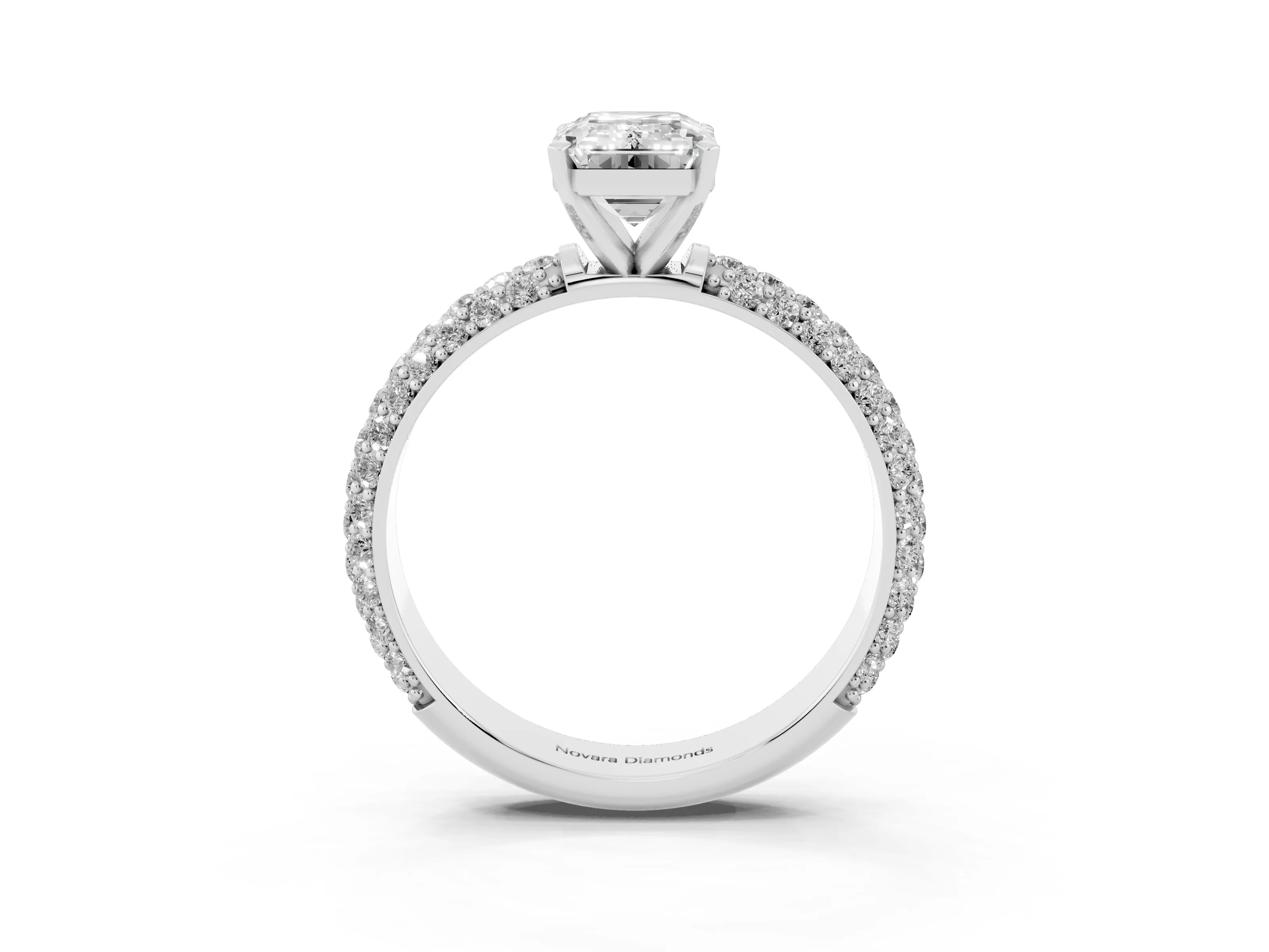 Emerald Cut Diamond Solitaire Ring Set in Platinum with Prong Setting and Pavé-Set Band