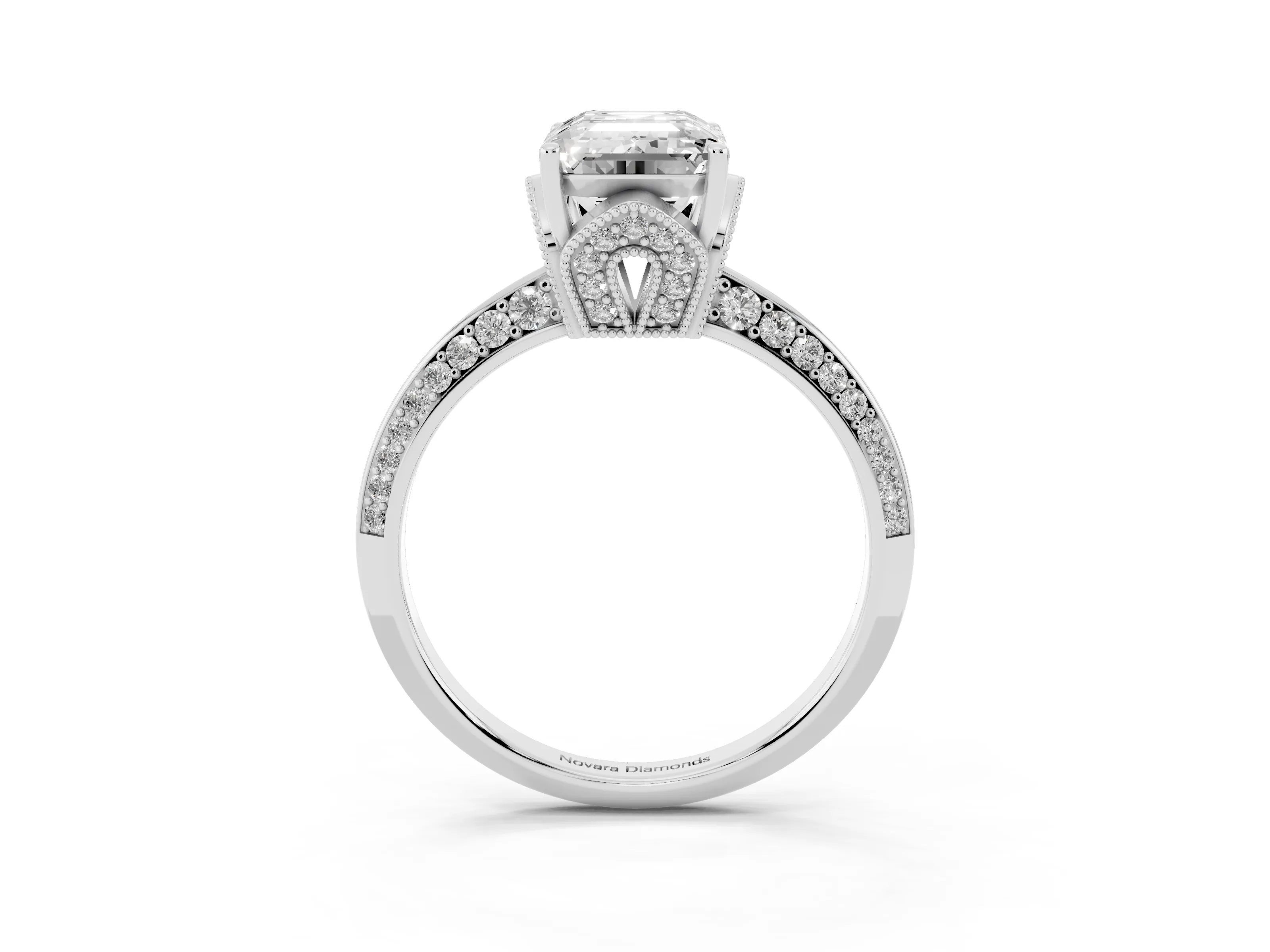 Emerald Cut Diamond Solitaire Engagement Ring Set in Silver with Pavé Split Shank and Prong Setting