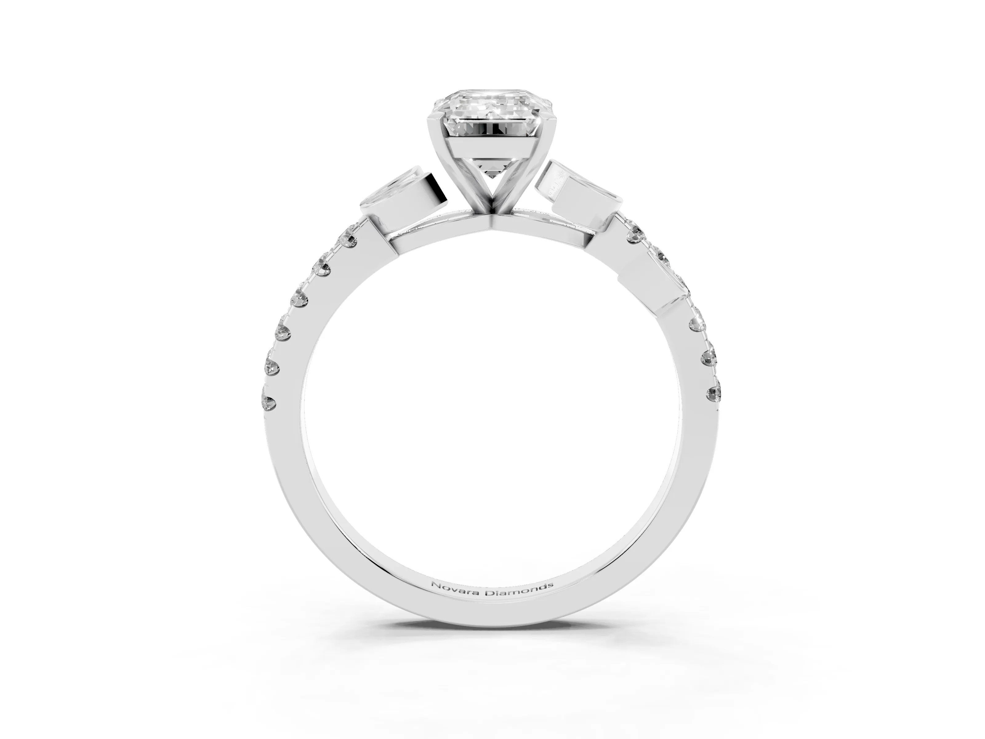 Emerald Cut Diamond Solitaire Leaf-Inspired Ring Set in Platinum with Pavé Band and Prong Setting