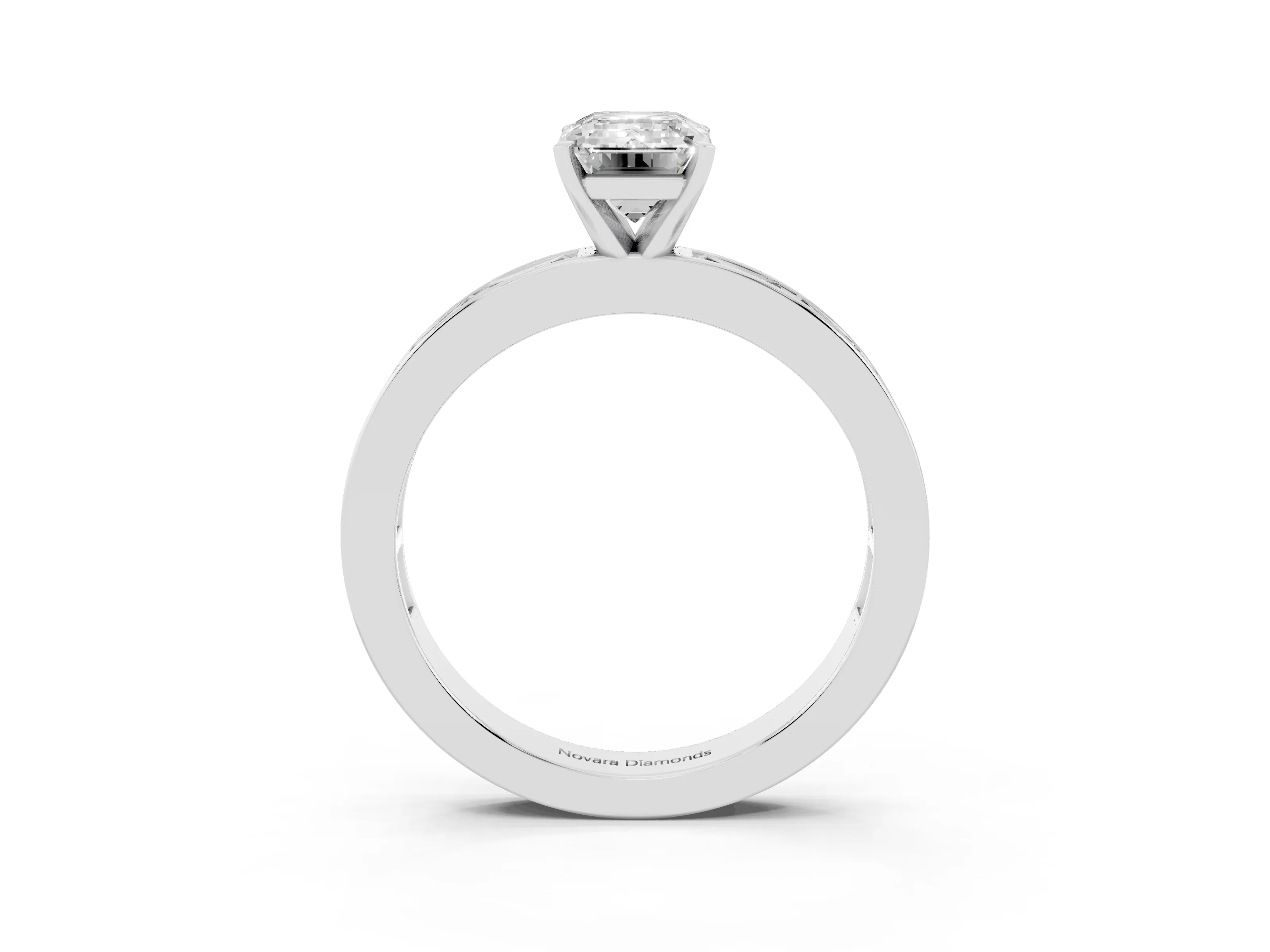Emerald Cut Diamond Solitaire Ring Set in White gold with Channel-Set Baguette Band and Prong Setting