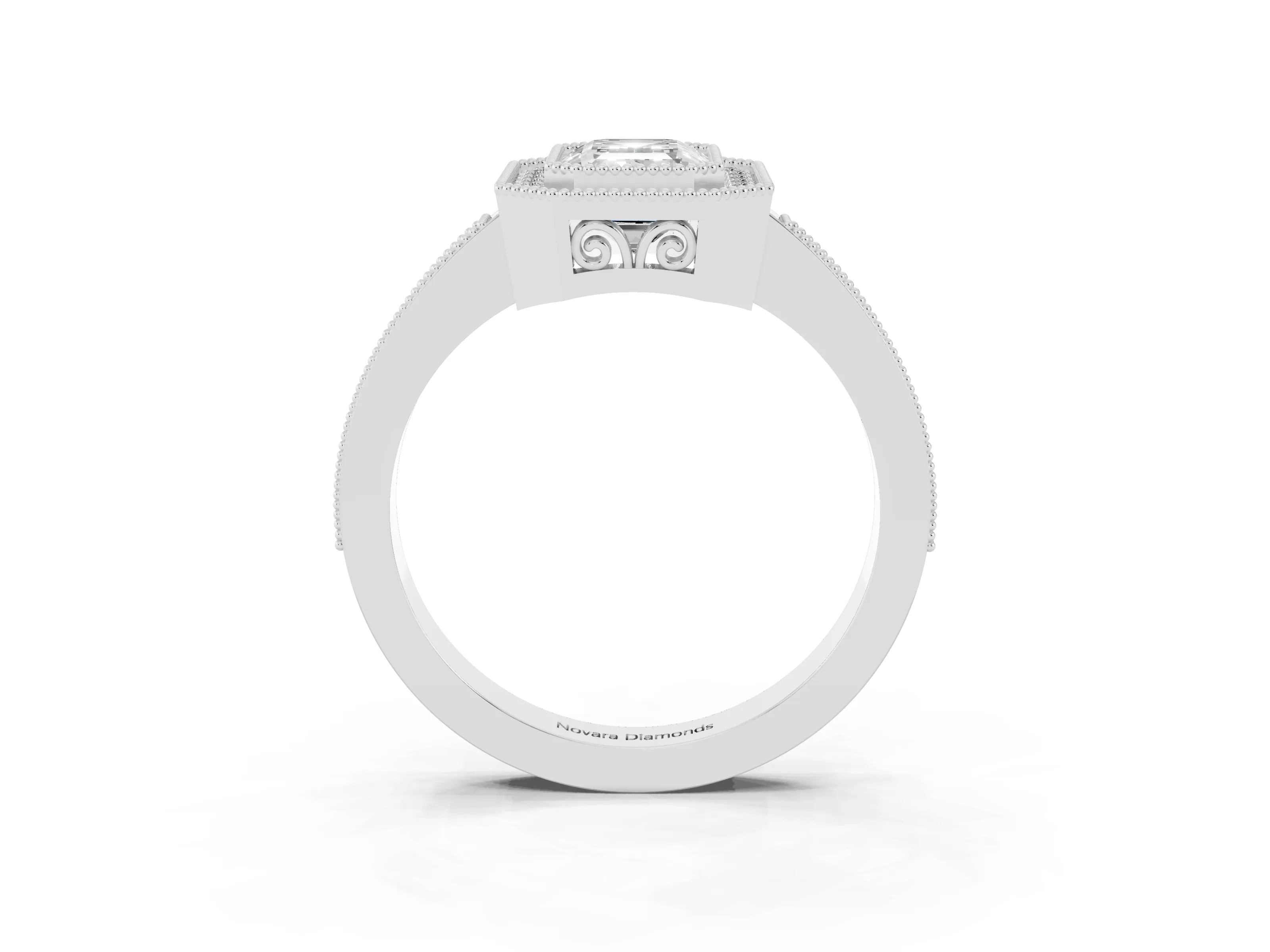 Emerald Cut Diamond Halo Ring Set in White gold with Pavé Band and Milgrain-Edged Prongs