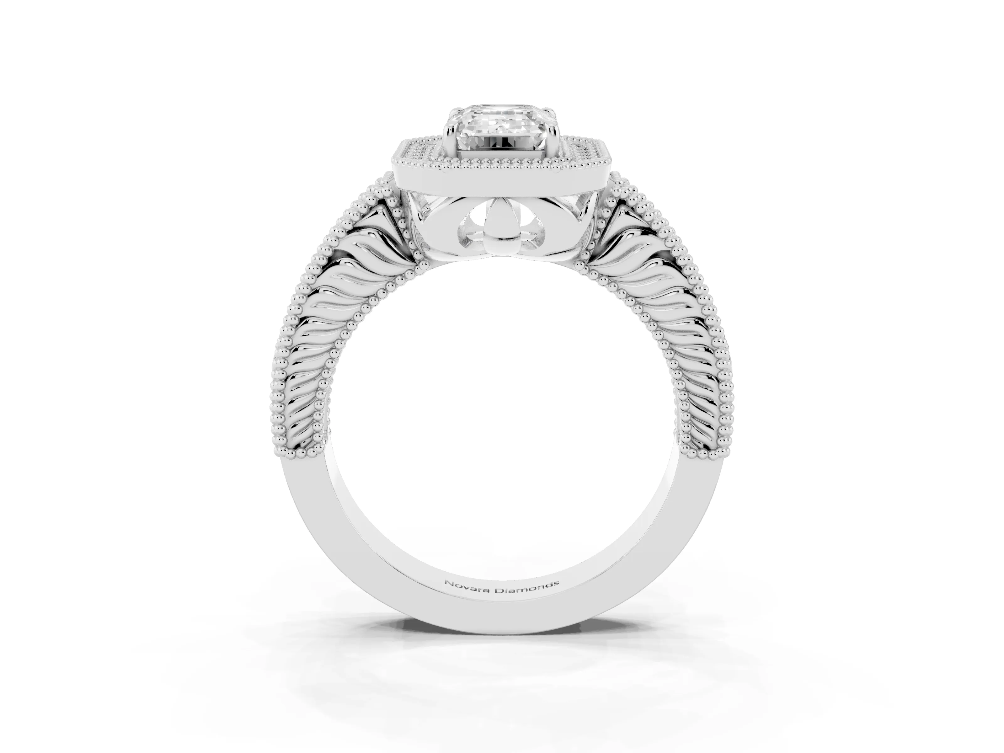 Emerald Cut Diamond Halo Ring Set in Silver with Round Accent Halo, Pavé Band and Prong Setting