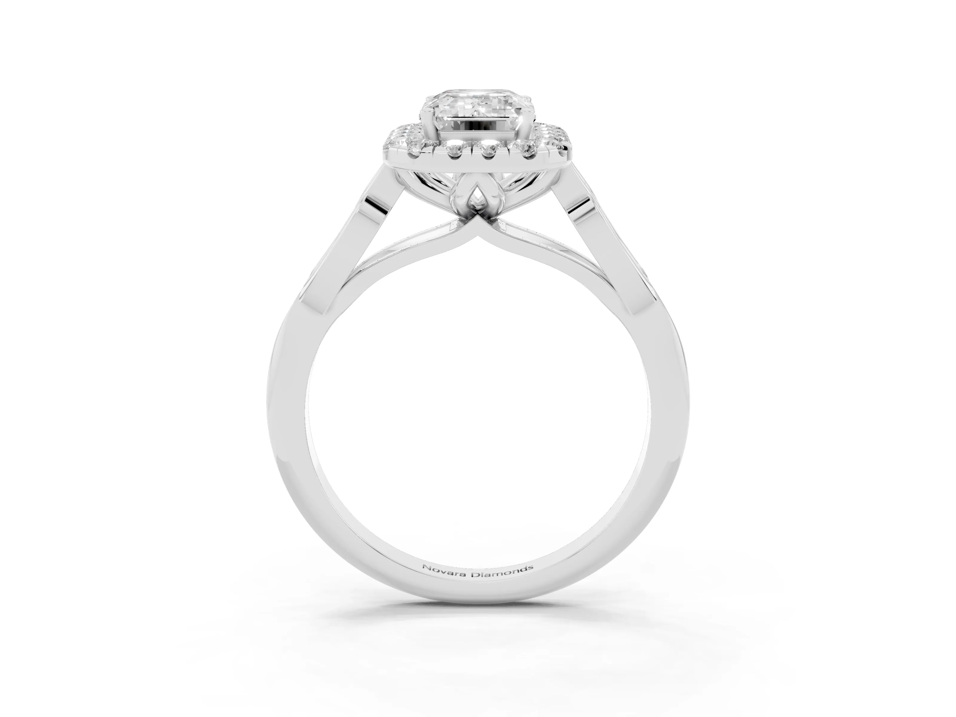 Emerald Cut Diamond Halo Engagement Ring Set in White gold with Filigree Band and Prong-Set Center