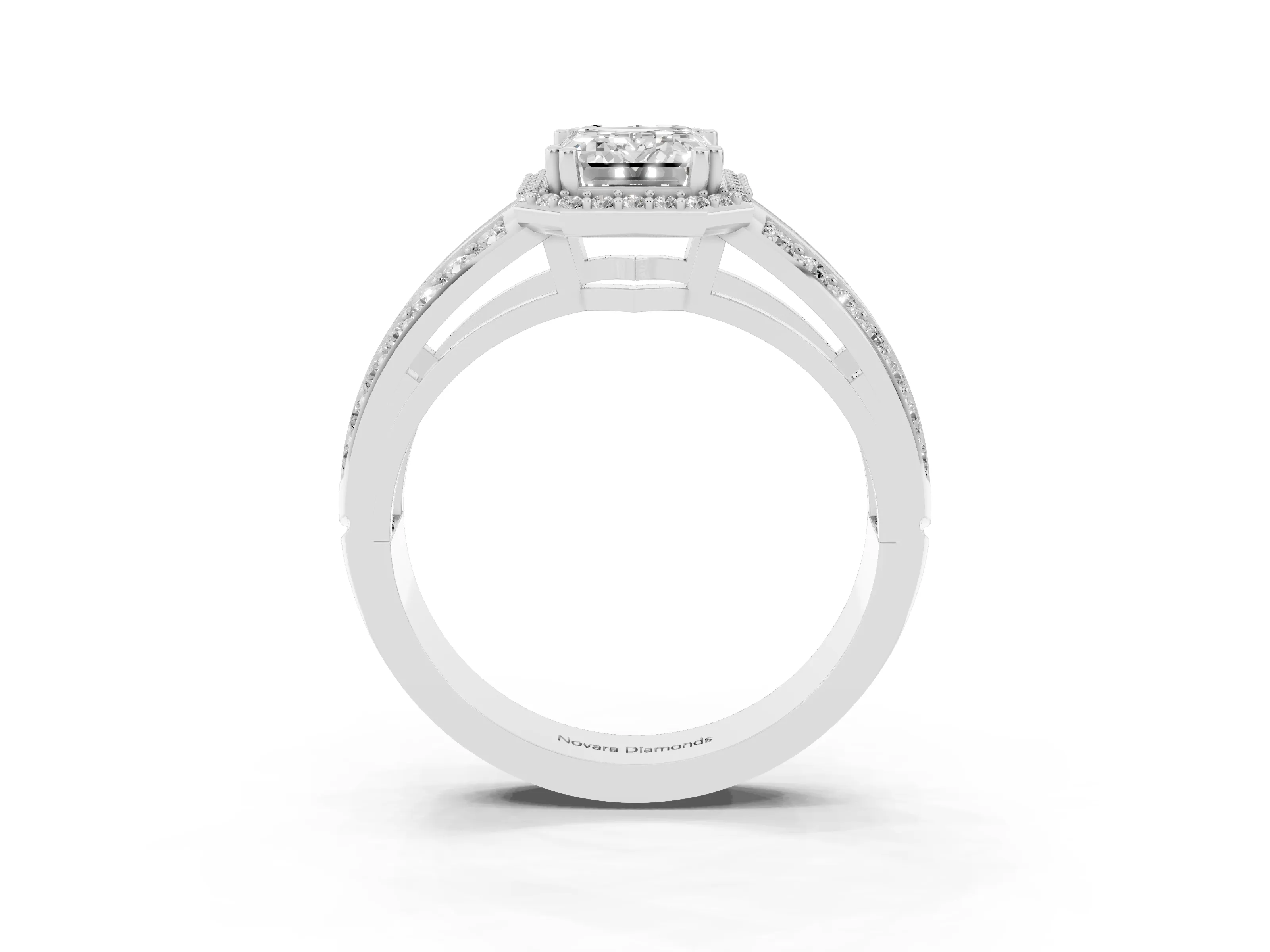 Emerald Cut Diamond Halo Ring Set in White gold with Double Pavé Split Shank