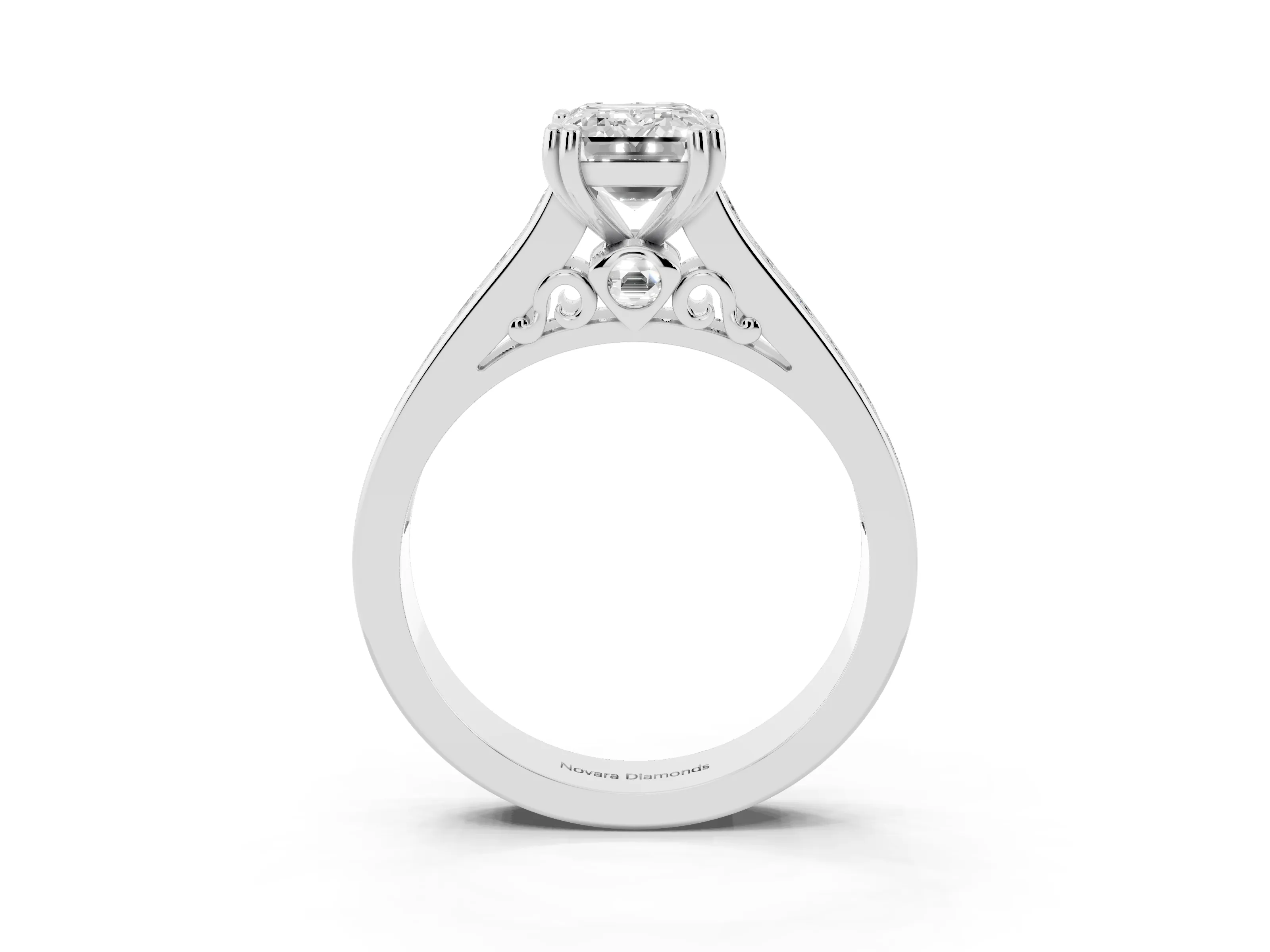 Emerald Cut Diamond Channel Set Solitaire Engagement Ring Set in Silver with Prong Setting