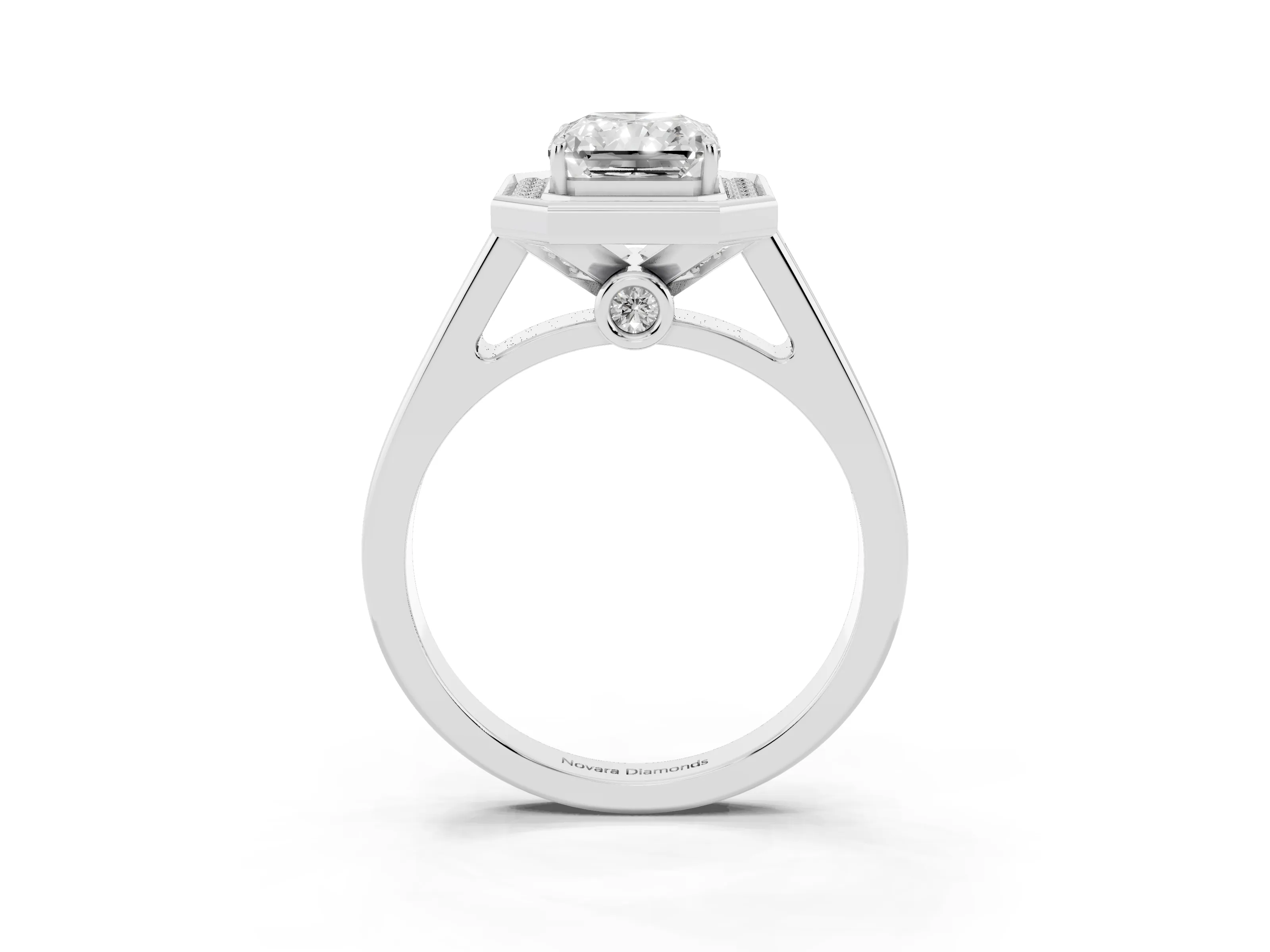 Emerald Cut Diamond Halo Solitaire Ring Set in Platinum with Pavé Band and Bezel Setting