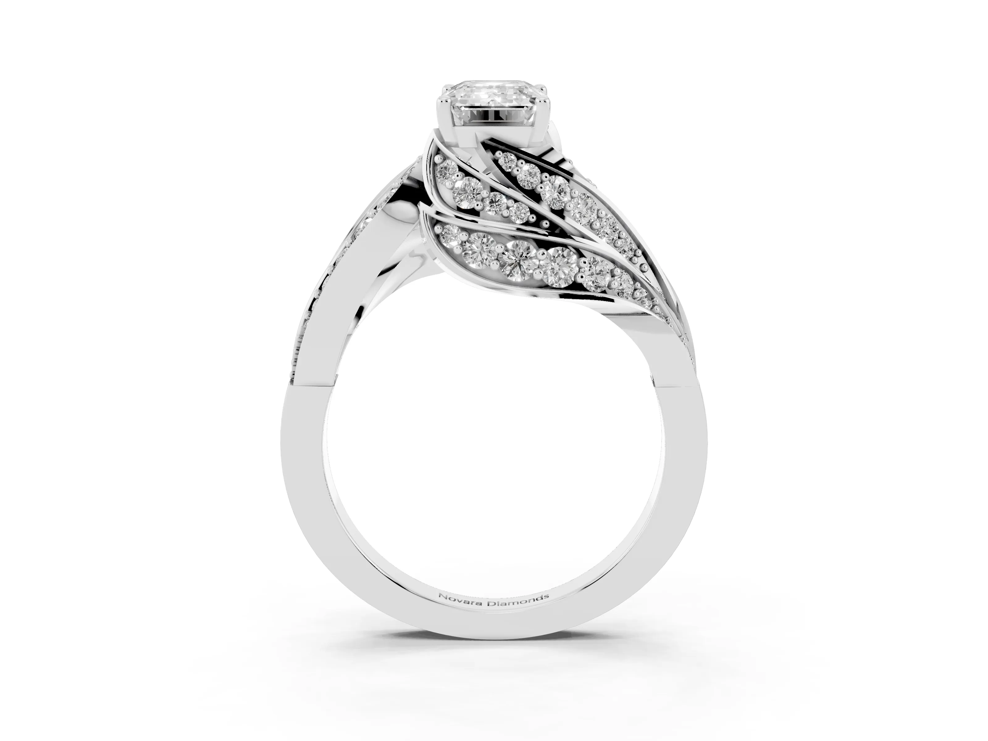 Emerald Cut Diamond Solitaire Ring Set in Silver with Layered Twist Pavé Band