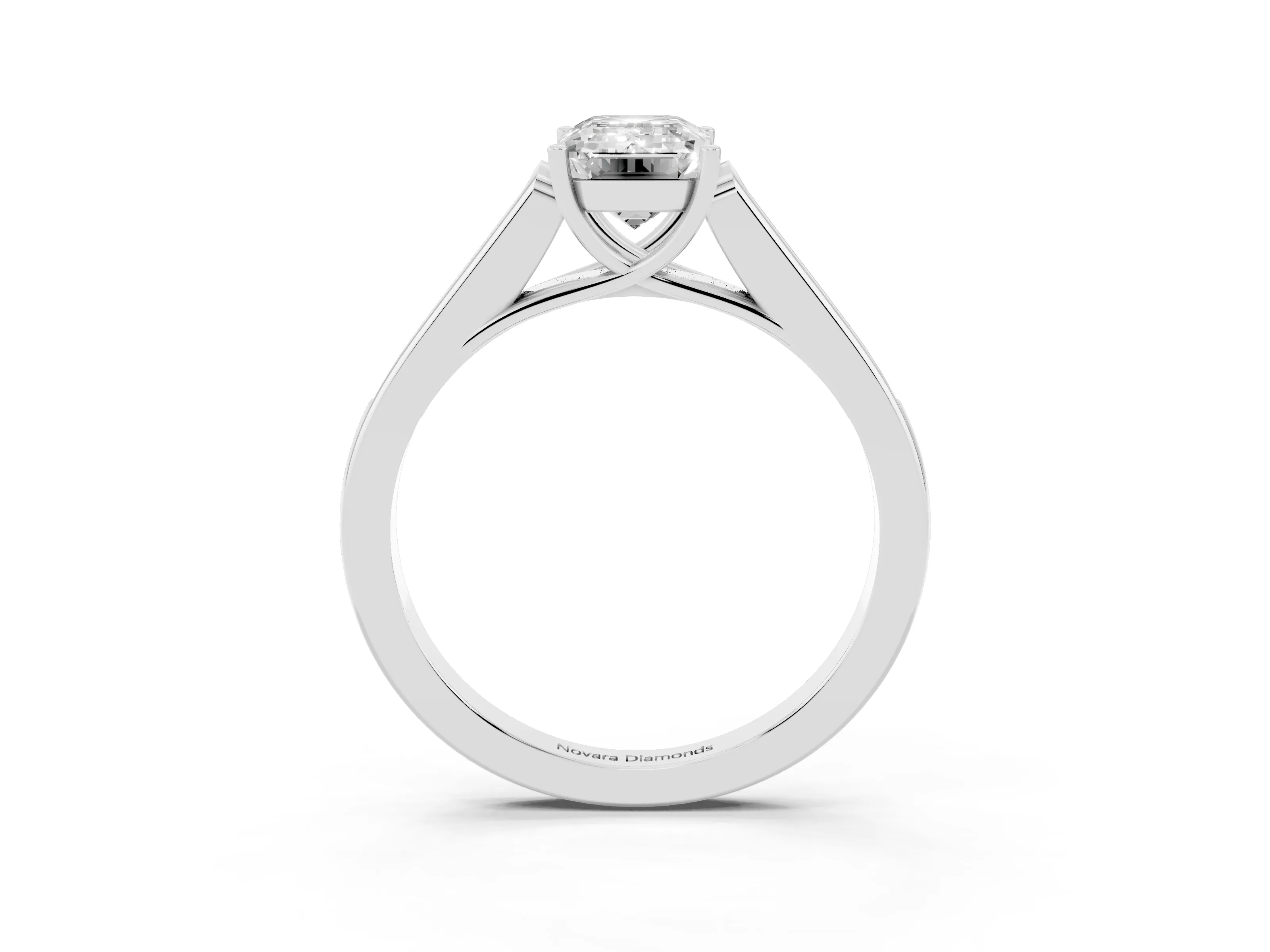 Emerald Cut Diamond Solitaire Cathedral Engagement Ring Set in White gold with Channel-Set Band and Prong Setting