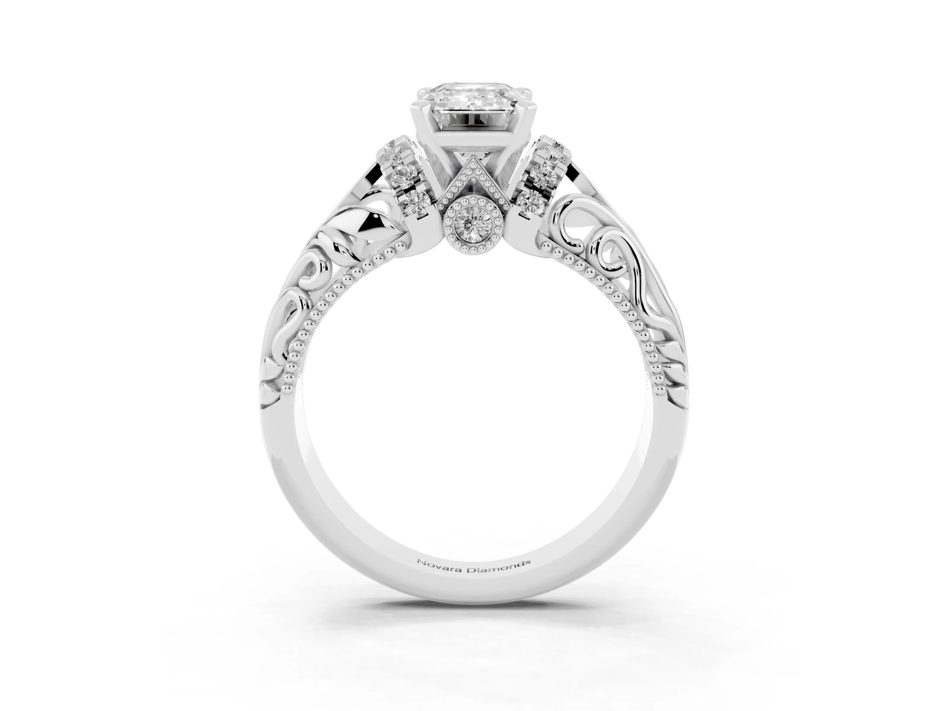 Emerald Cut Diamond Filigree Halo Engagement Ring Set in White gold with Prong Setting