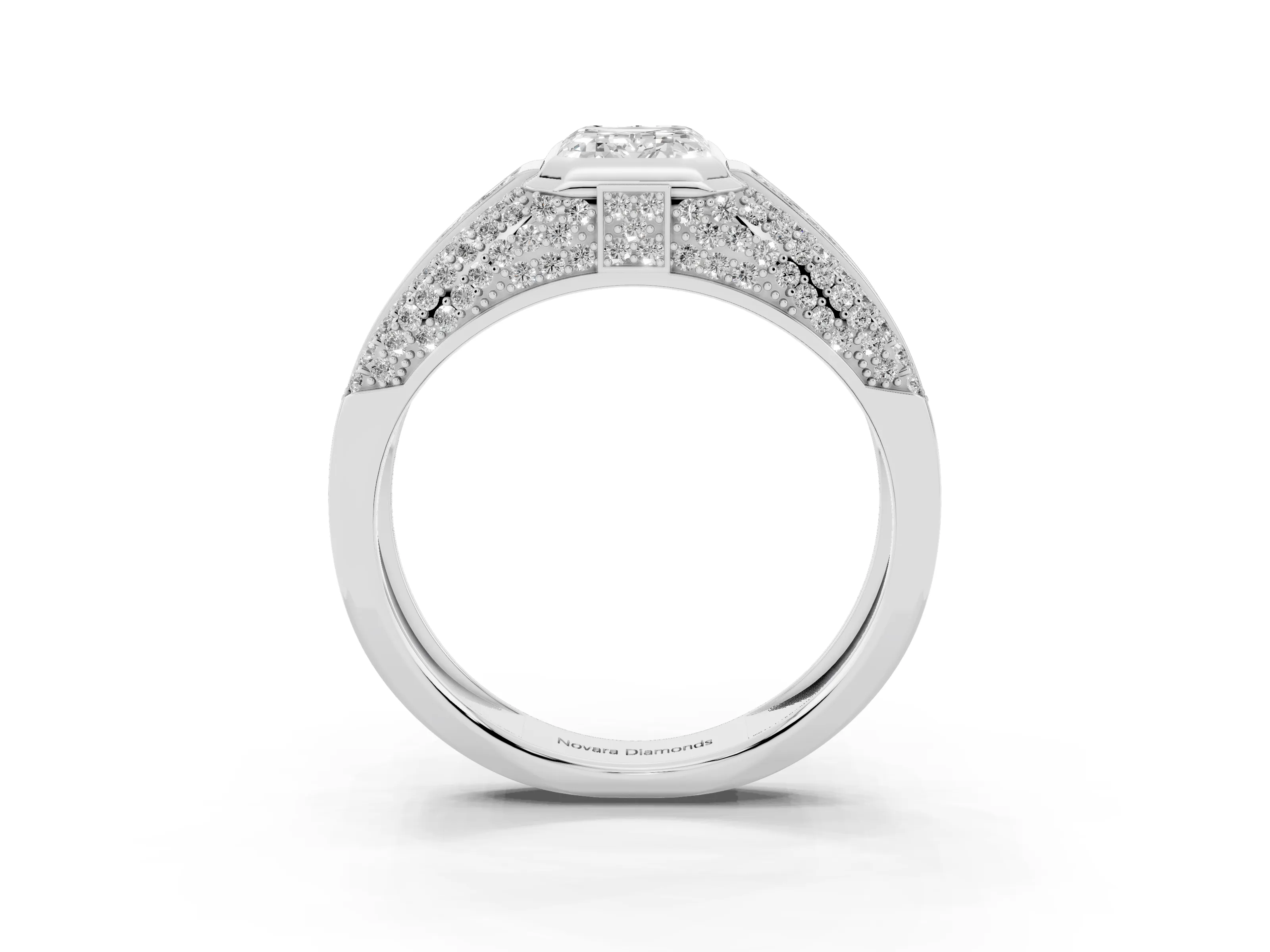 Emerald Cut Diamond Mens Ring Set in Platinum with Structured Side Stones and Pavé Shoulders