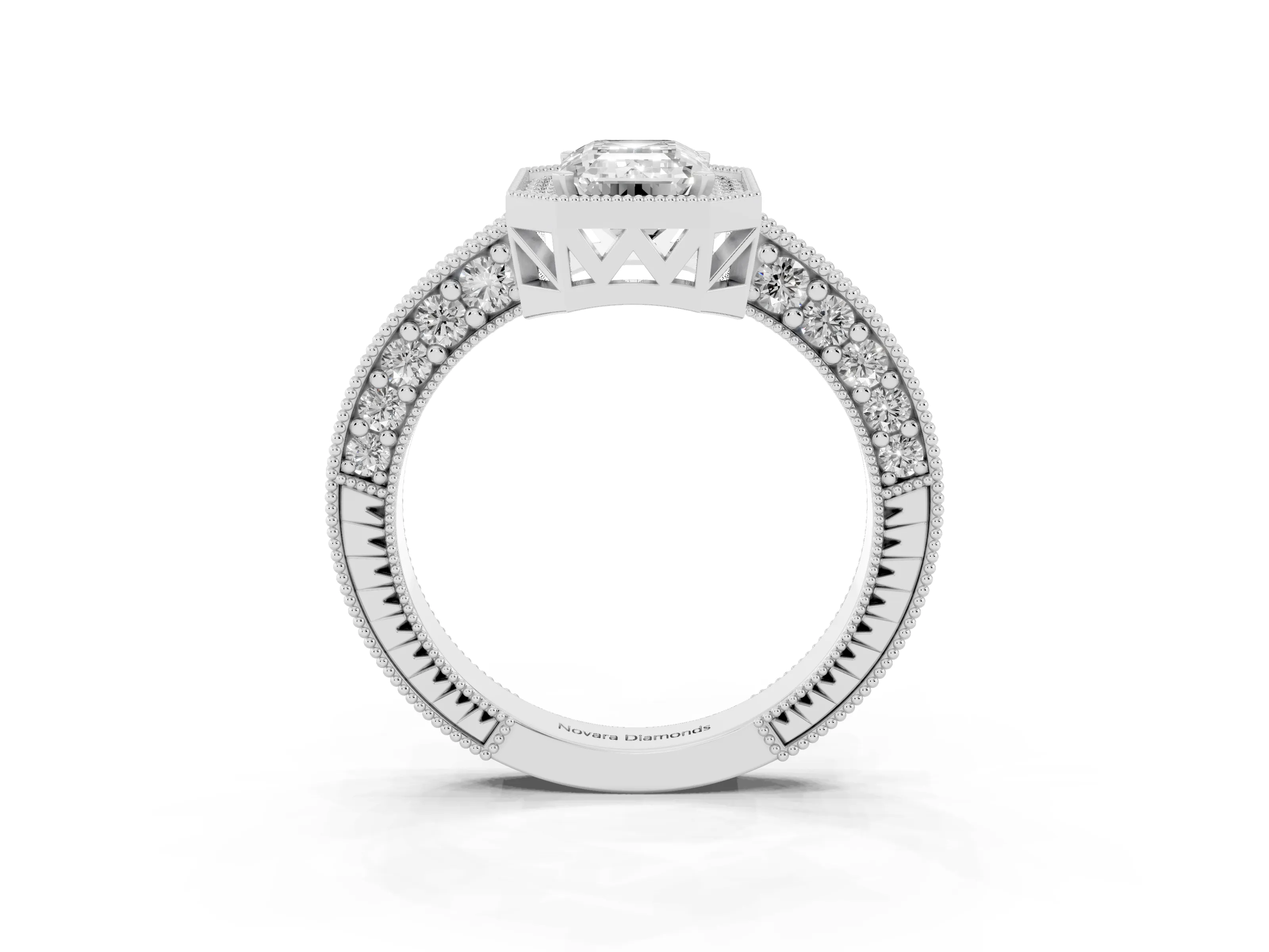 Emerald Cut Diamond Halo Pavé Band Ring Set in Silver with Prong-Set Center