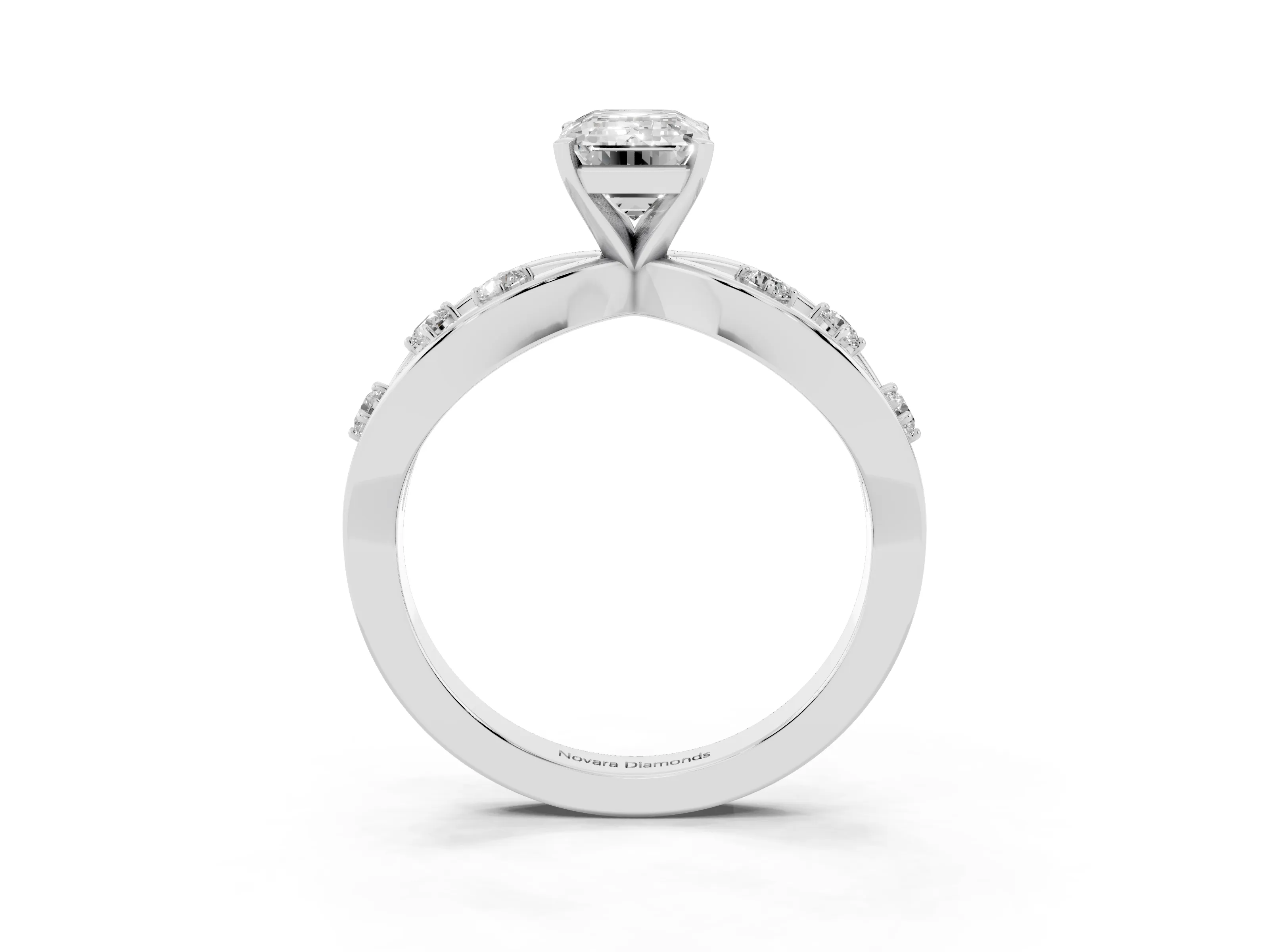 Emerald Cut Diamond Solitaire Ring Set in Platinum with Side Stones on Criss-Cross Band and Prong Setting