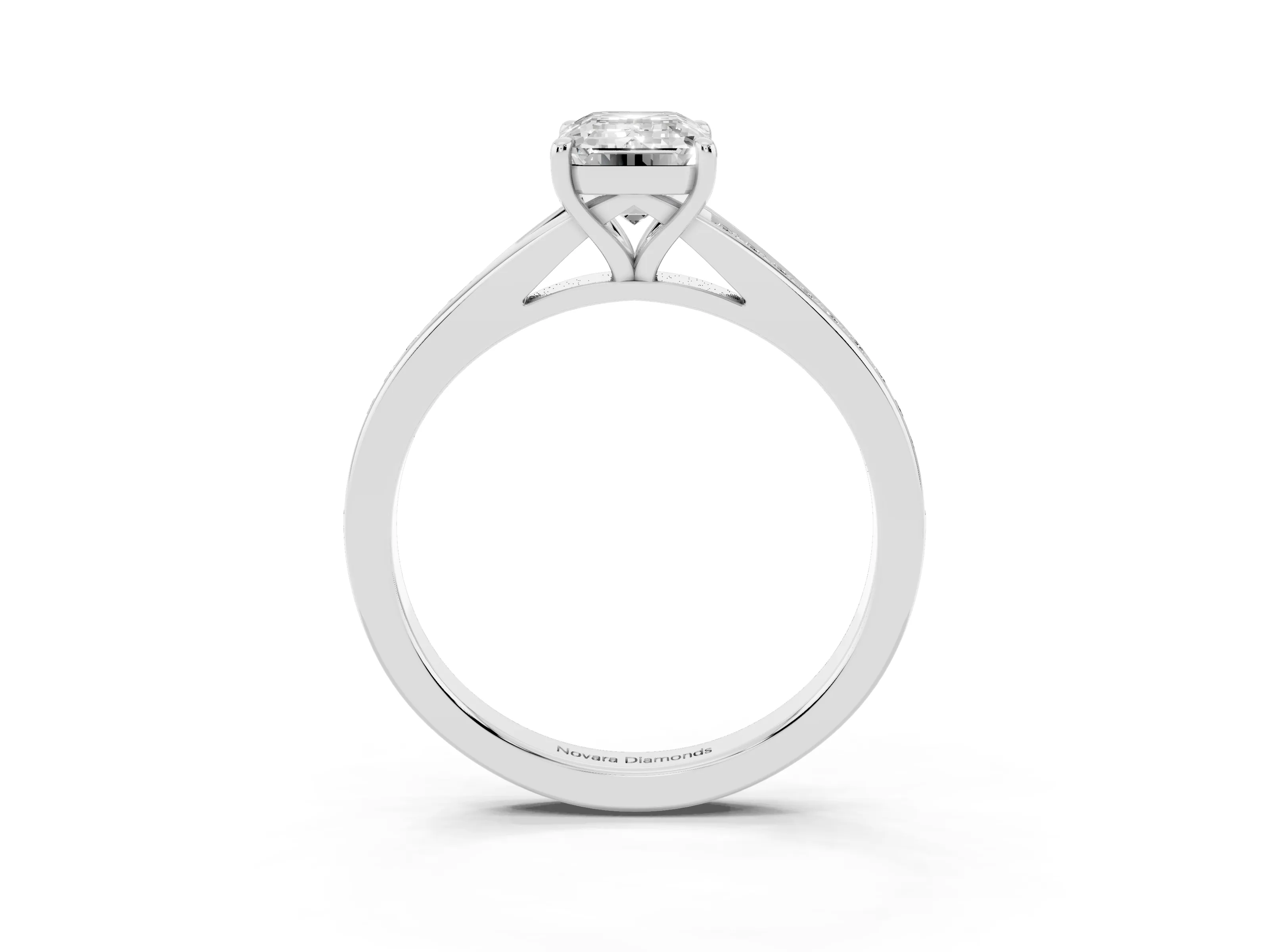 Emerald Cut Diamond Solitaire Ring Set in Silver with Pavé Accent Band and Classic Prong Setting
