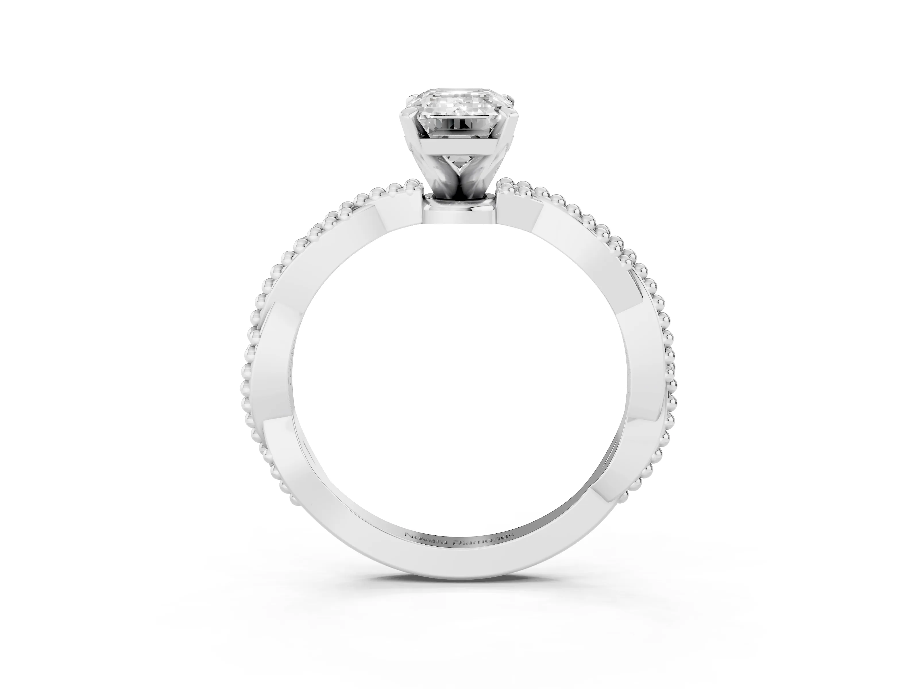 Emerald Cut Diamond Solitaire Ring Set in Platinum with Twisted Band and Bead Prong Setting