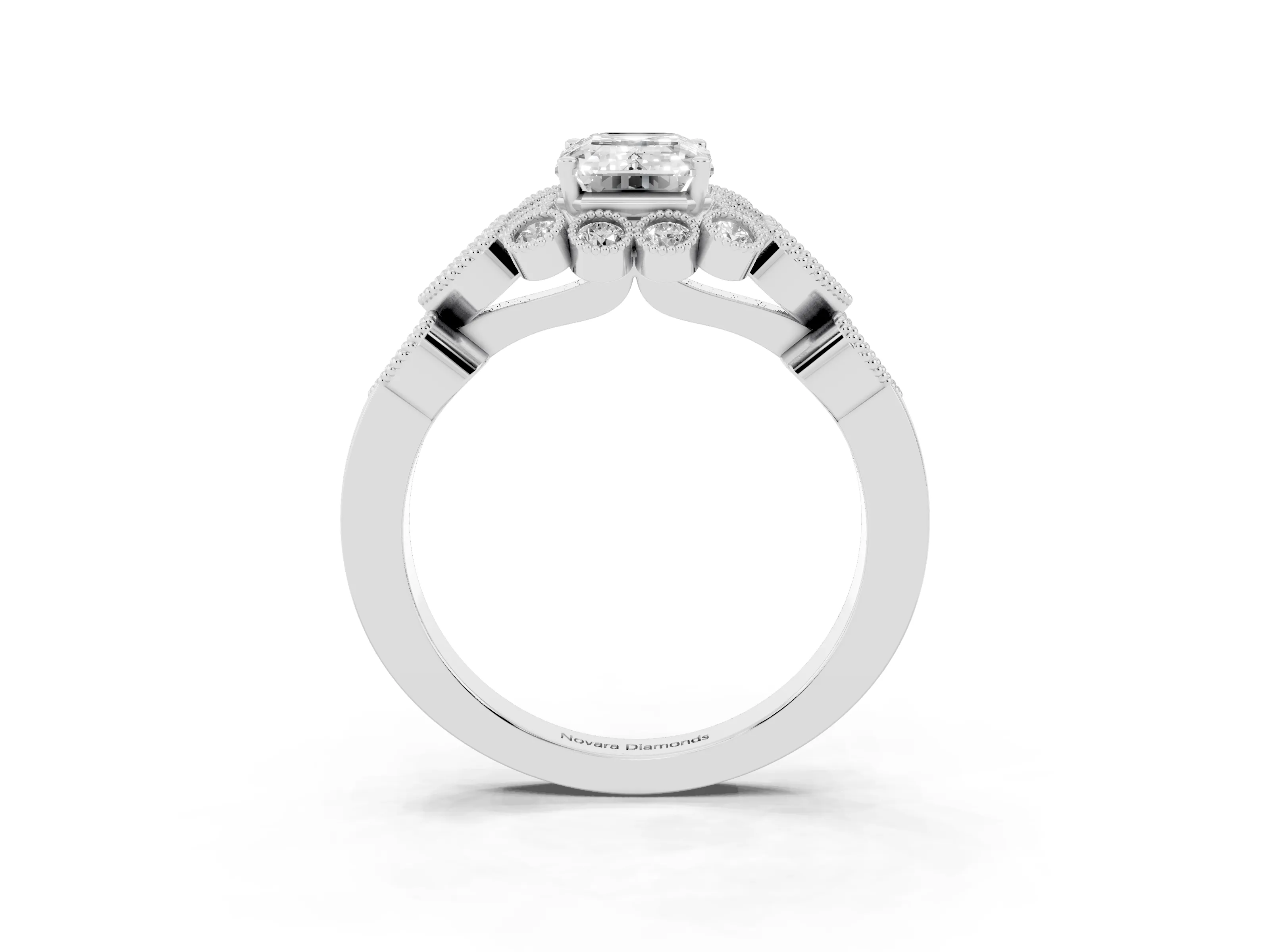 Emerald Cut Diamond Solitaire Ring Set in Silver with Milgrain Pavé Heart Band