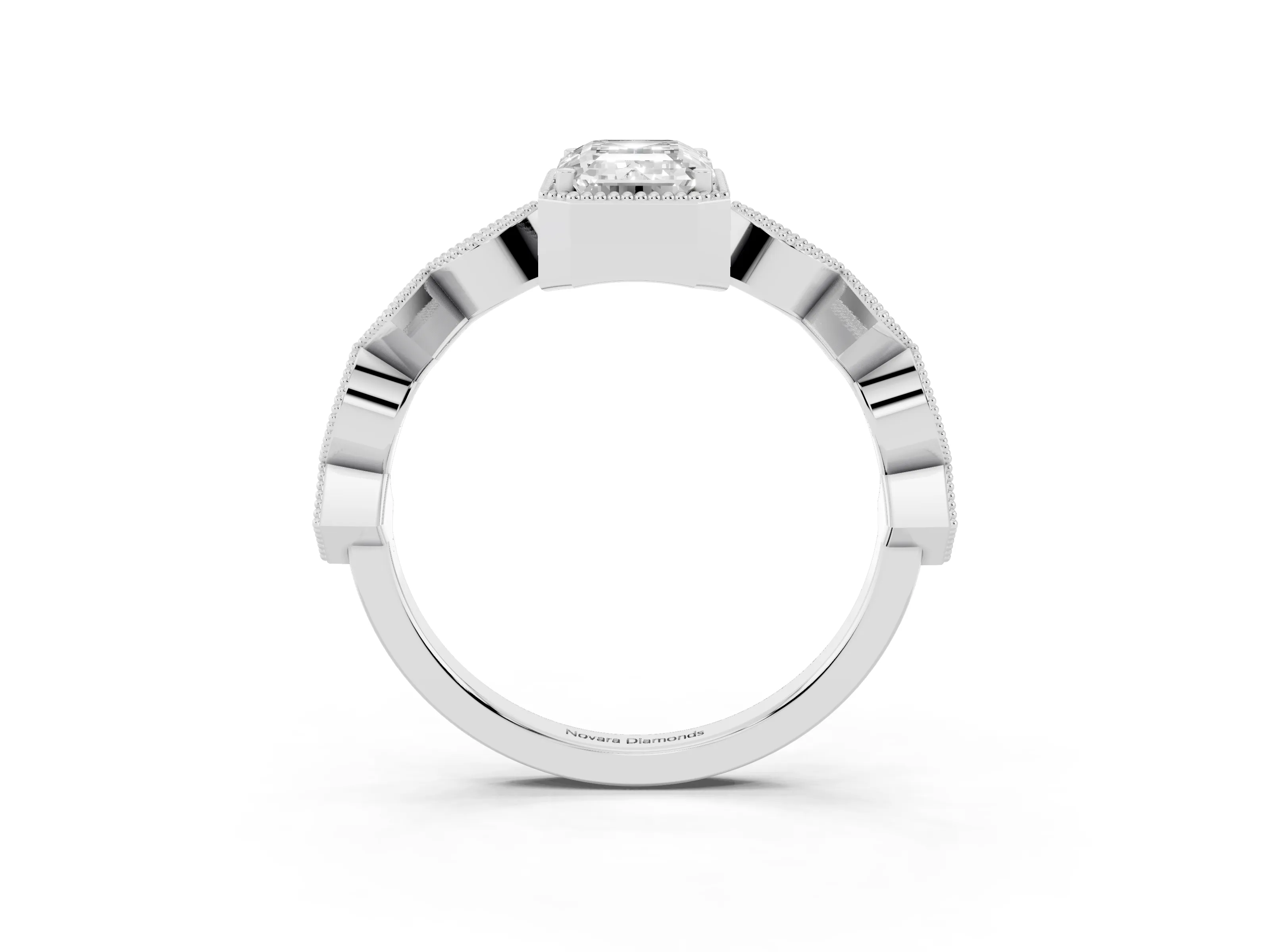 Emerald Cut Diamond Milgrain Marquise Twist Band Ring Set in White gold with Prong Setting