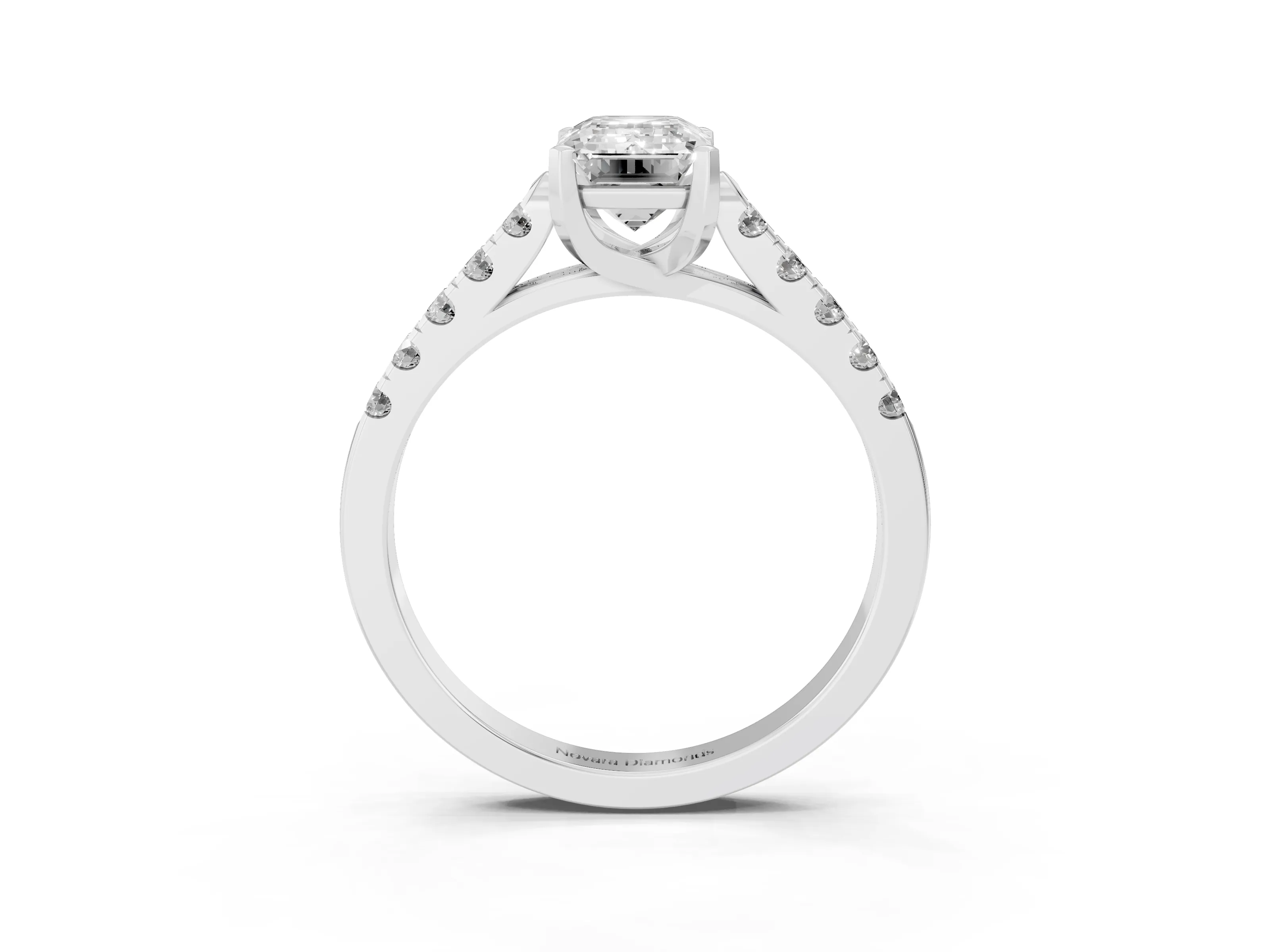 Emerald Cut Diamond Pavé Band Solitaire Ring Set in Silver with Partway Accent Stones and Prong Setting