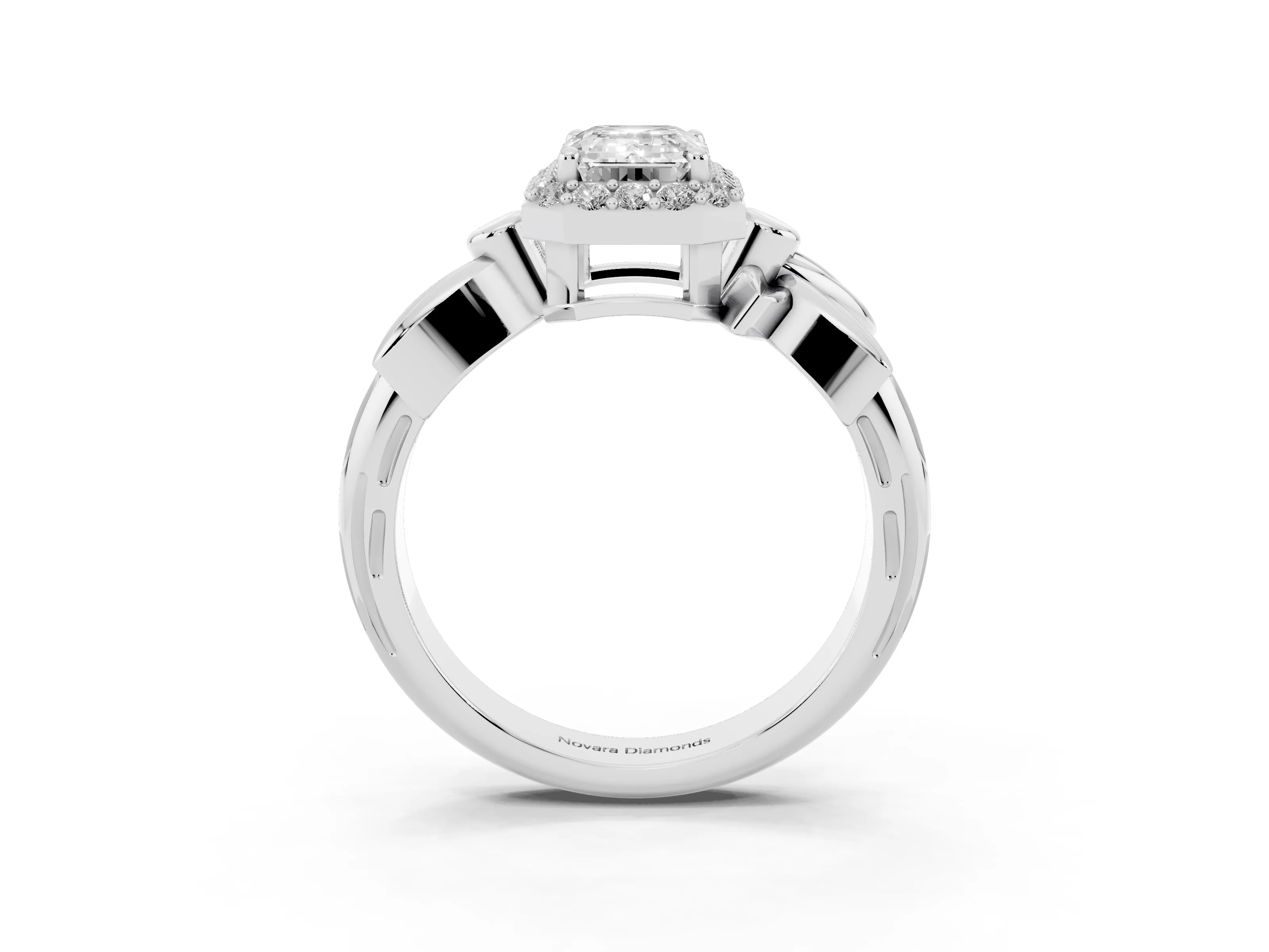 Emerald Cut Diamond Halo Floral Band Ring Set in White gold with Prong Setting