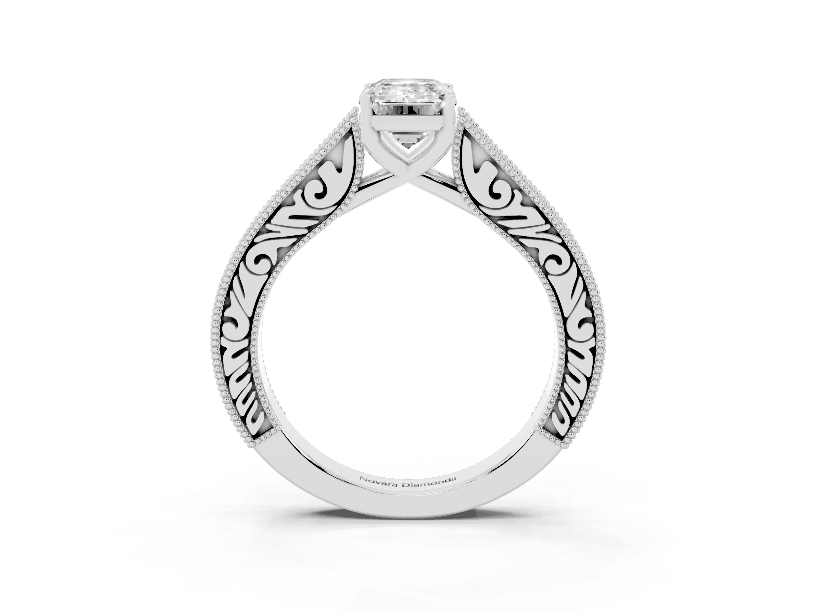 Emerald Cut Diamond Milgrain Pavé Band Solitaire Ring Set in White gold with Prong Setting