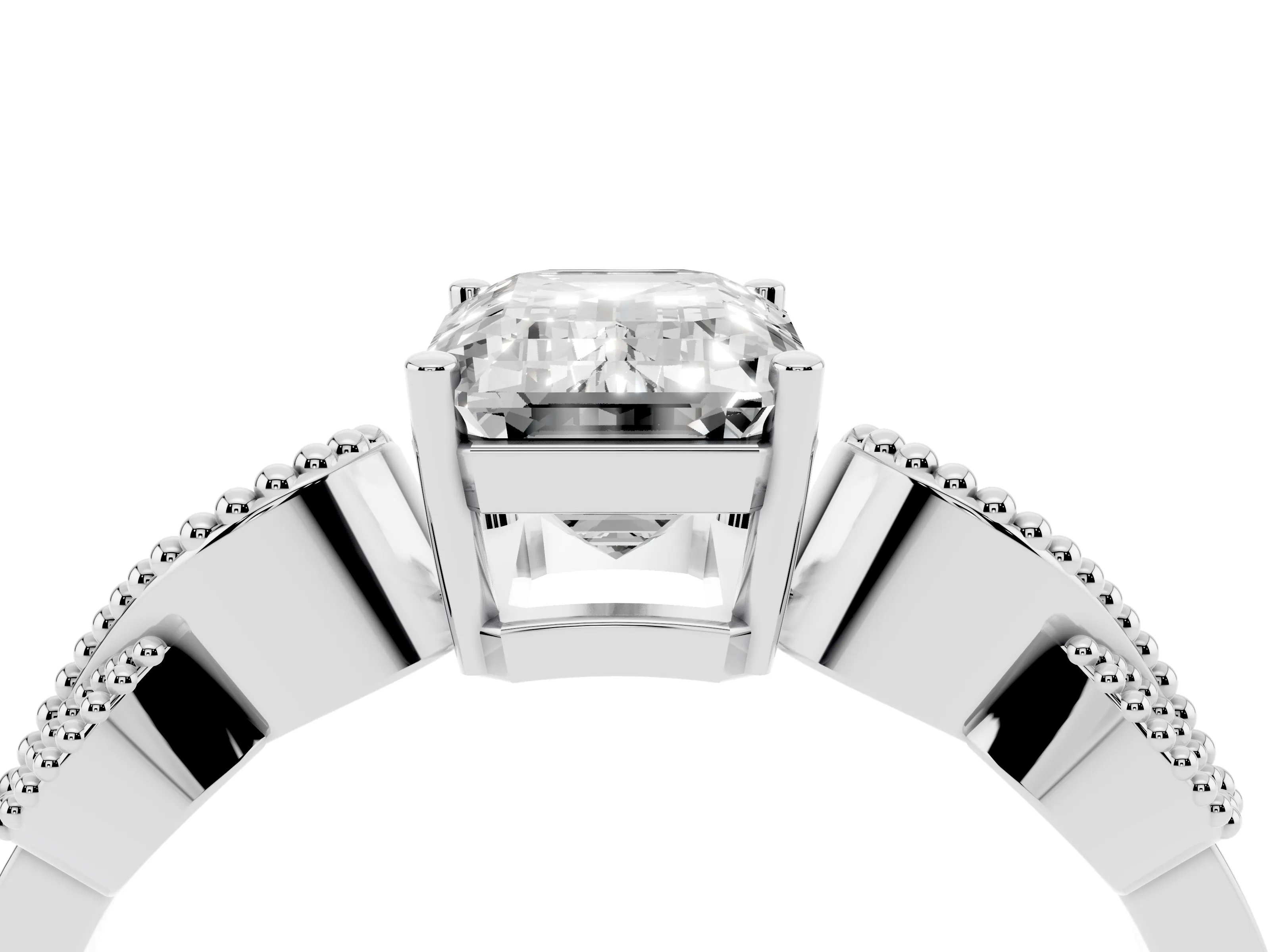 Emerald Cut Diamond Milgrain Leaf Band Solitaire Ring Set in White gold with Accent Stones and Prong Setting