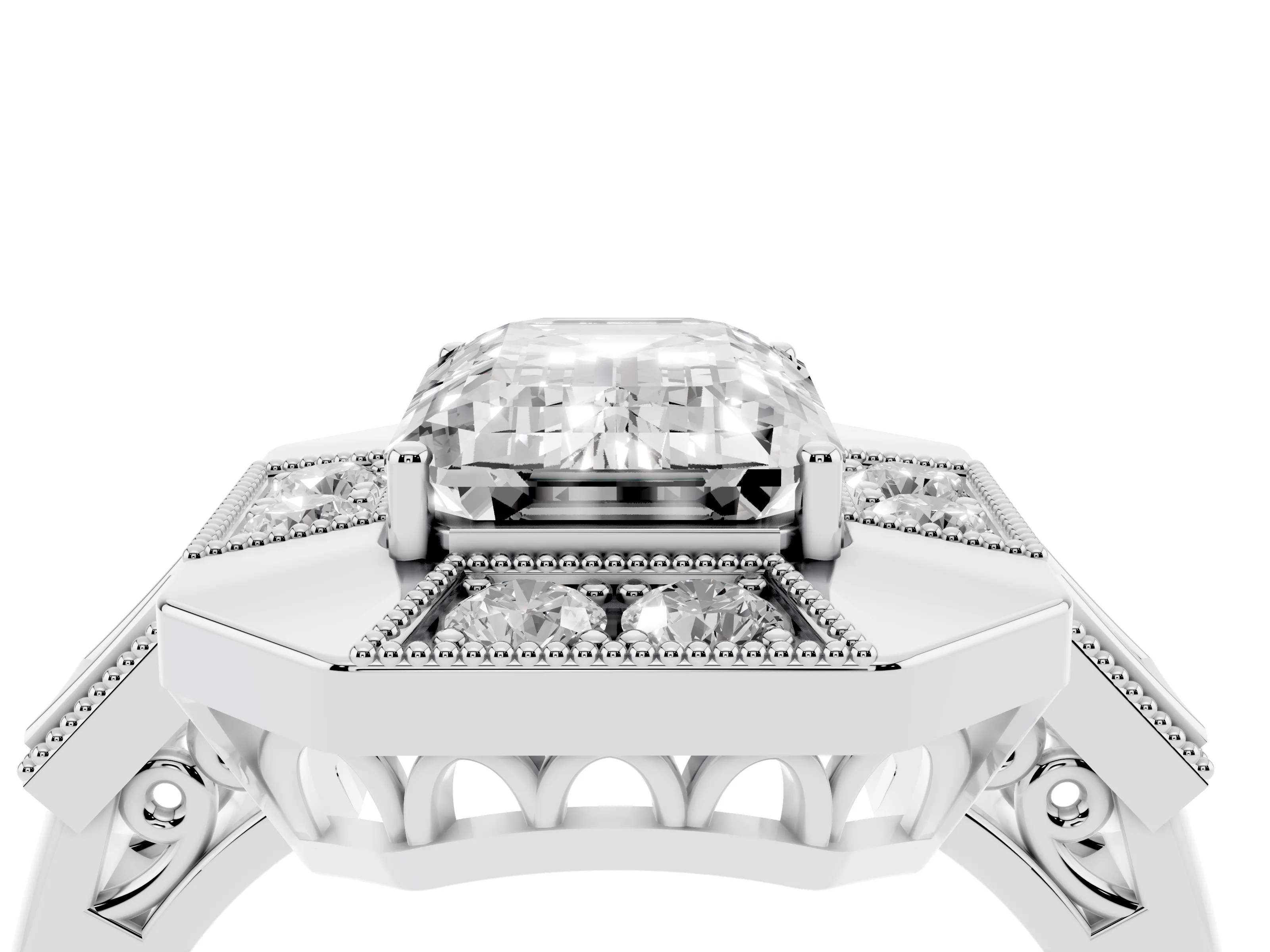 Emerald Cut Diamond Milgrain Halo Ring Set in Platinum with Split Shank
