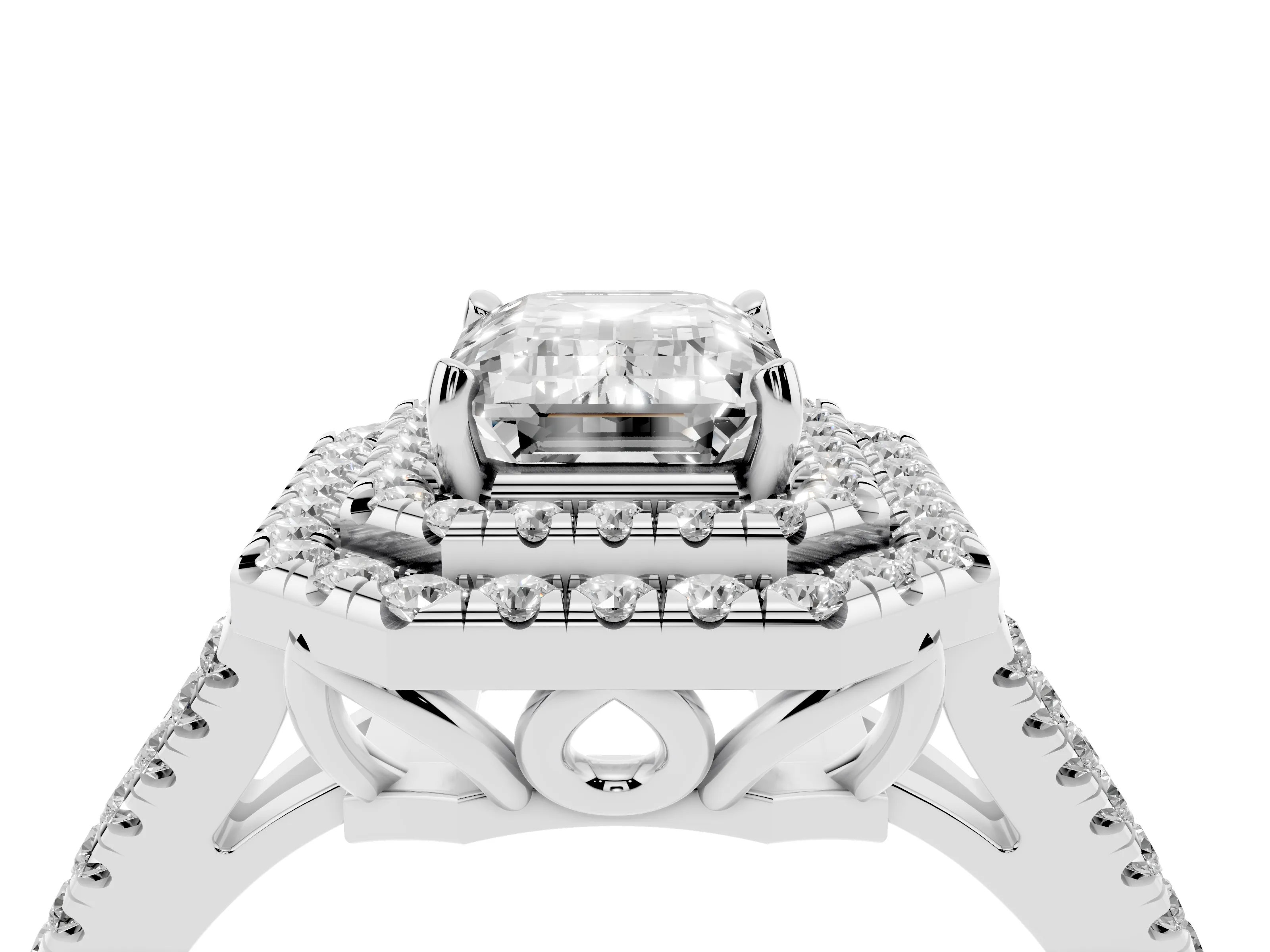 Emerald Cut Diamond Double Halo Ring Set in Silver with Pavé Band