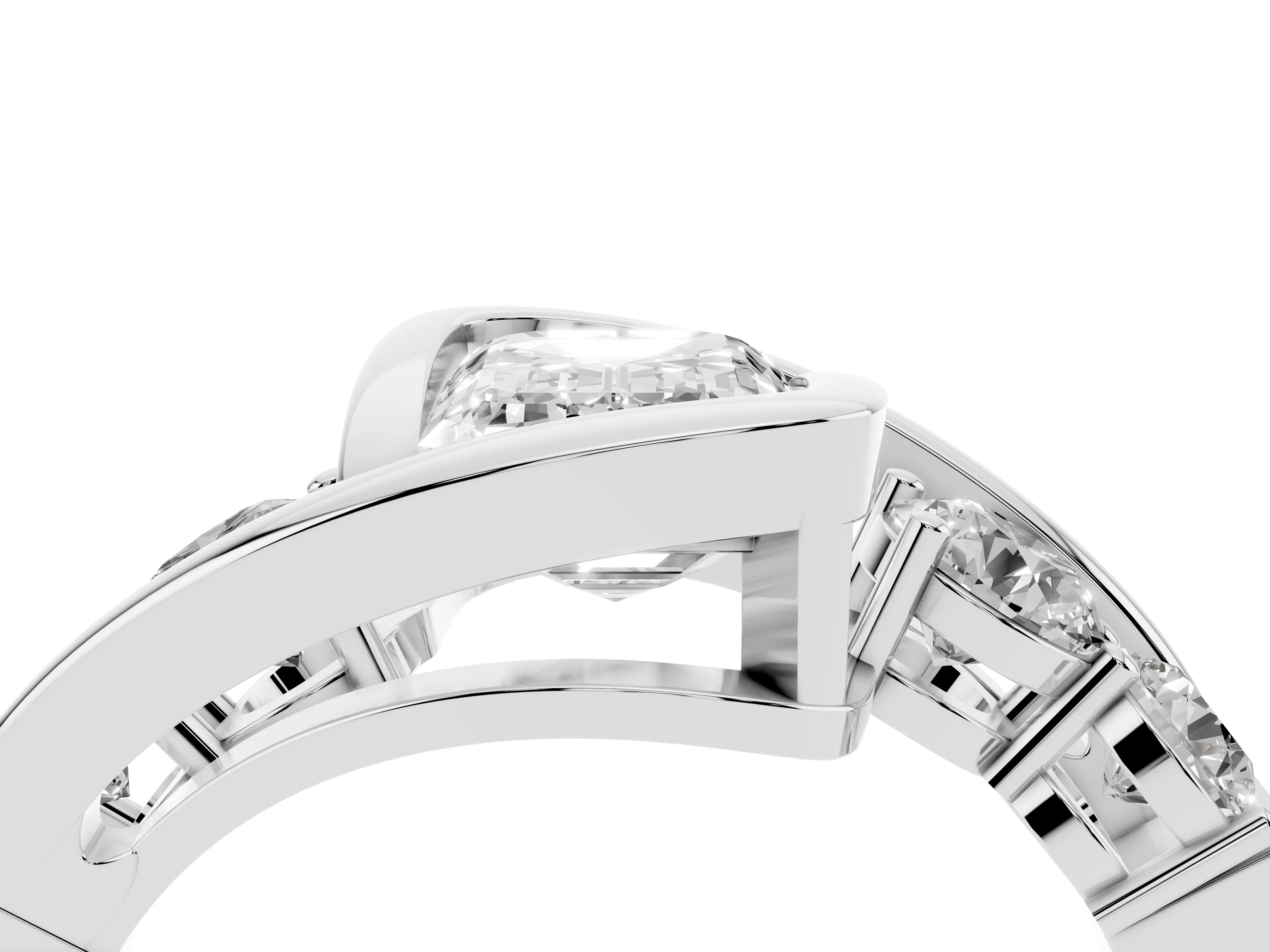 Emerald Cut Diamond Bezel Bypass Ring Set in Silver with Round Accents