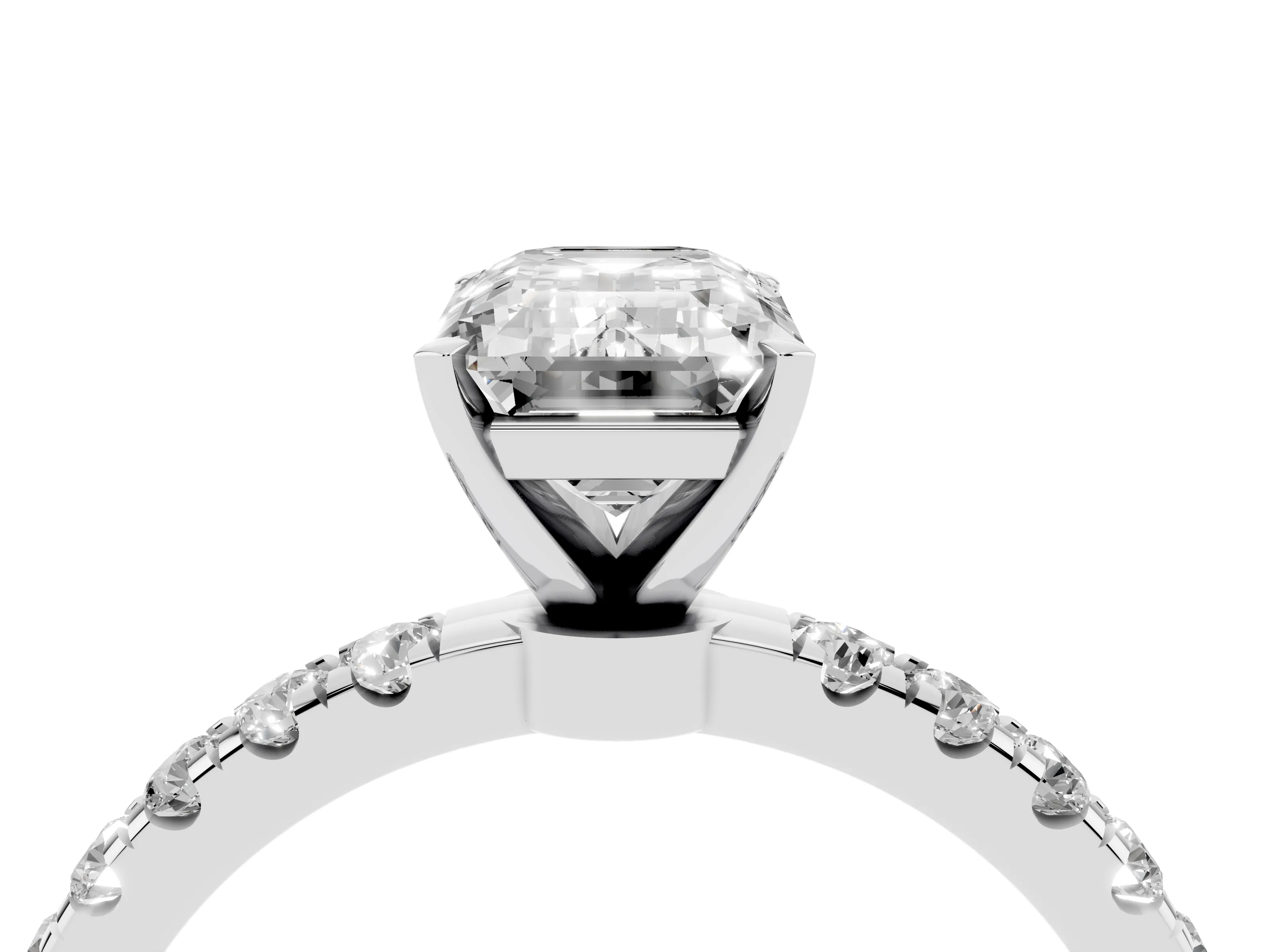 Emerald Cut Diamond Solitaire Ring Set in Silver with Pavé Accents and Prong Setting