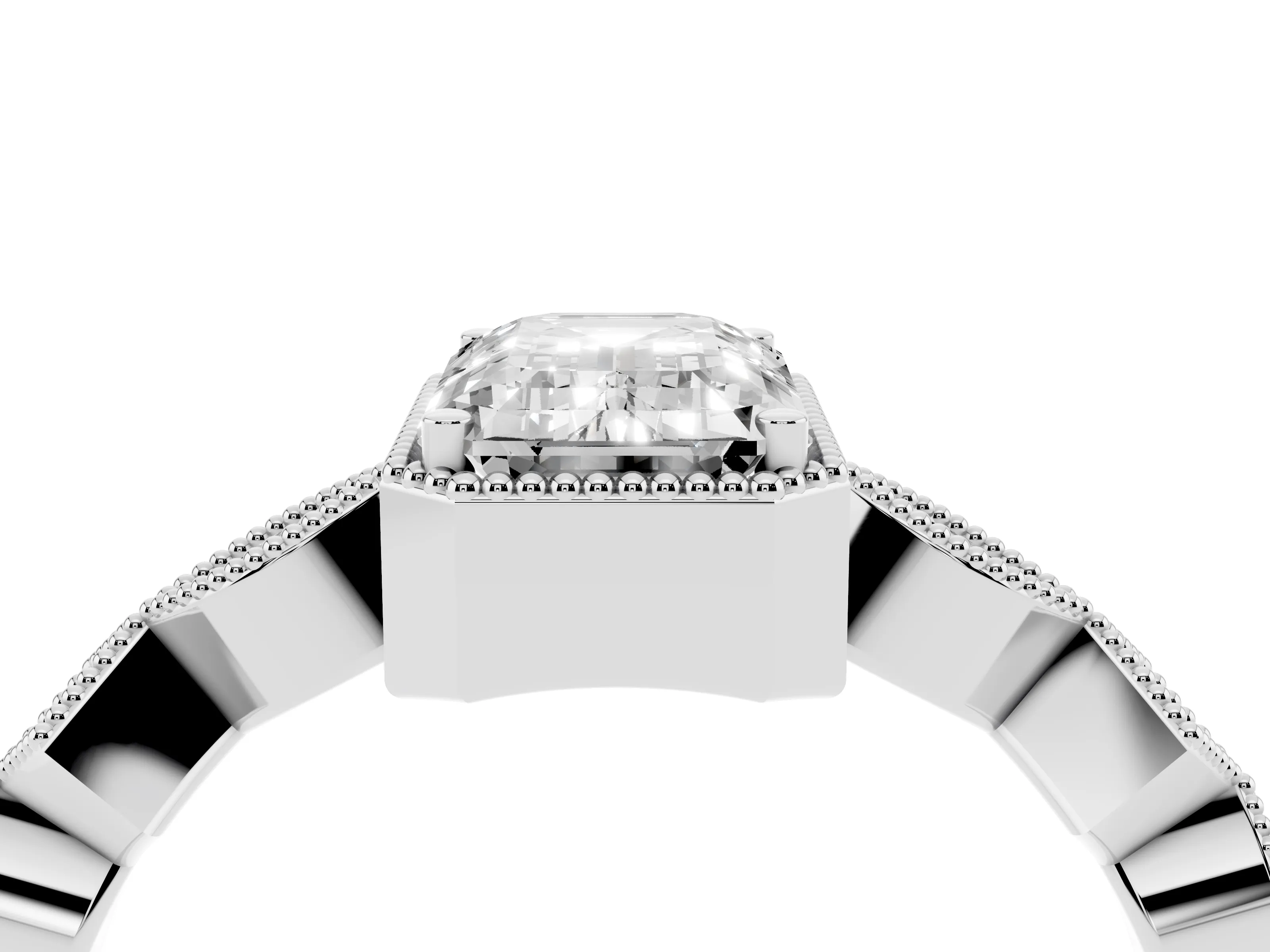 Emerald Cut Diamond Milgrain Marquise Twist Band Ring Set in White gold with Prong Setting