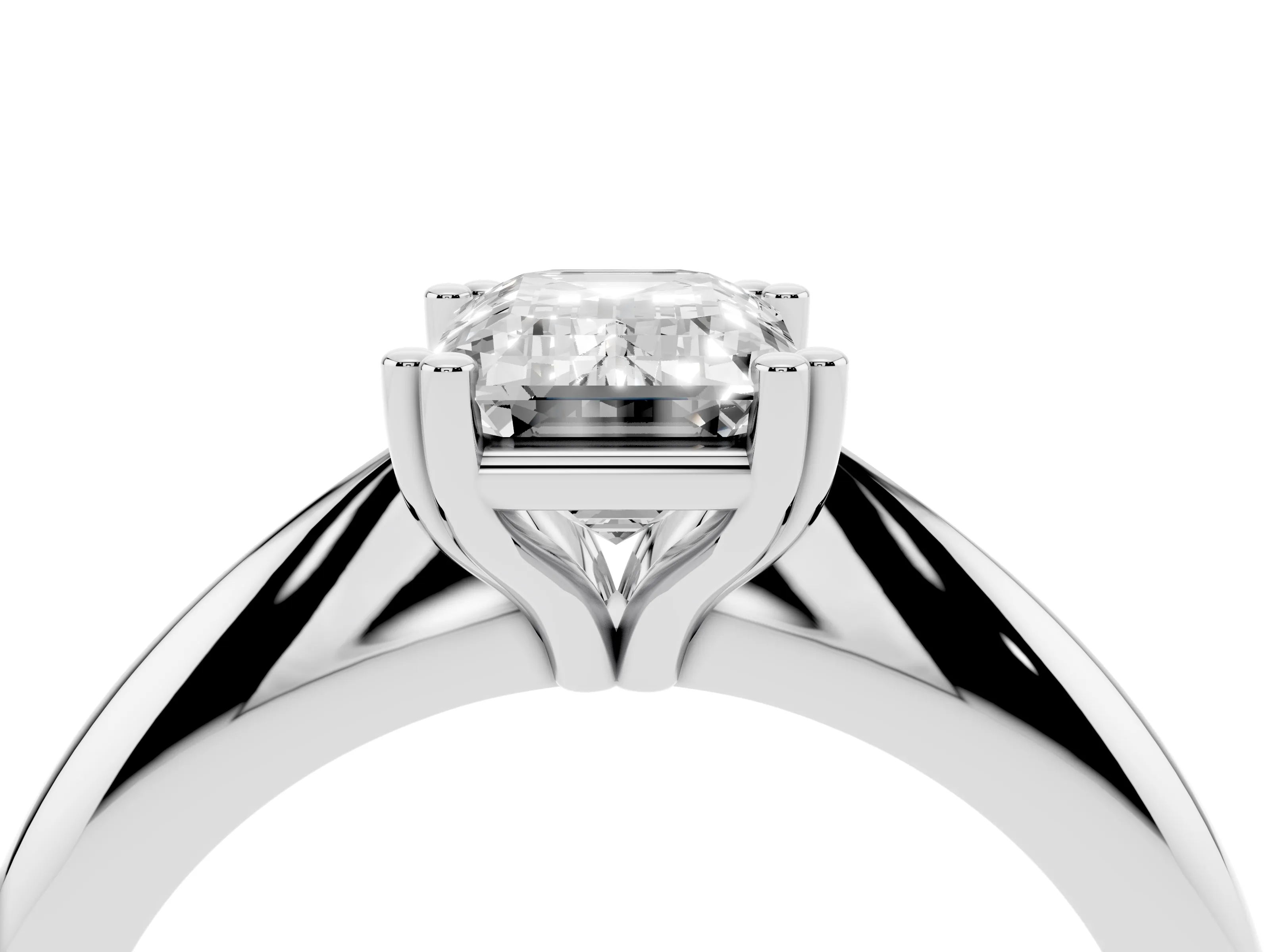 Emerald Cut Diamond Solitaire Engagement Ring Set in Silver with Tapered Band and Prong Setting