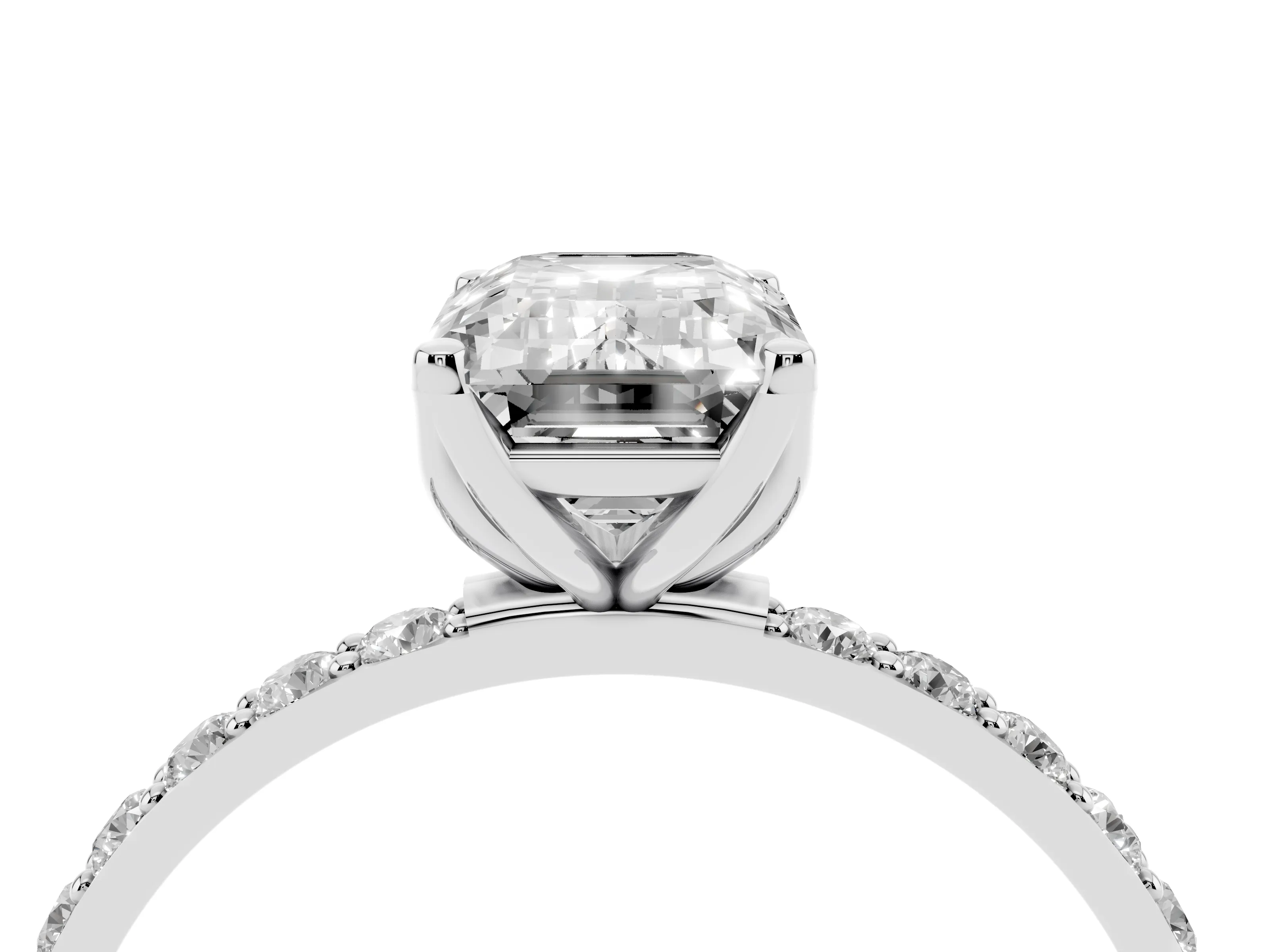 Emerald Cut Diamond Solitaire Engagement Ring Set in Platinum with Round Pavé Band and Prong Setting