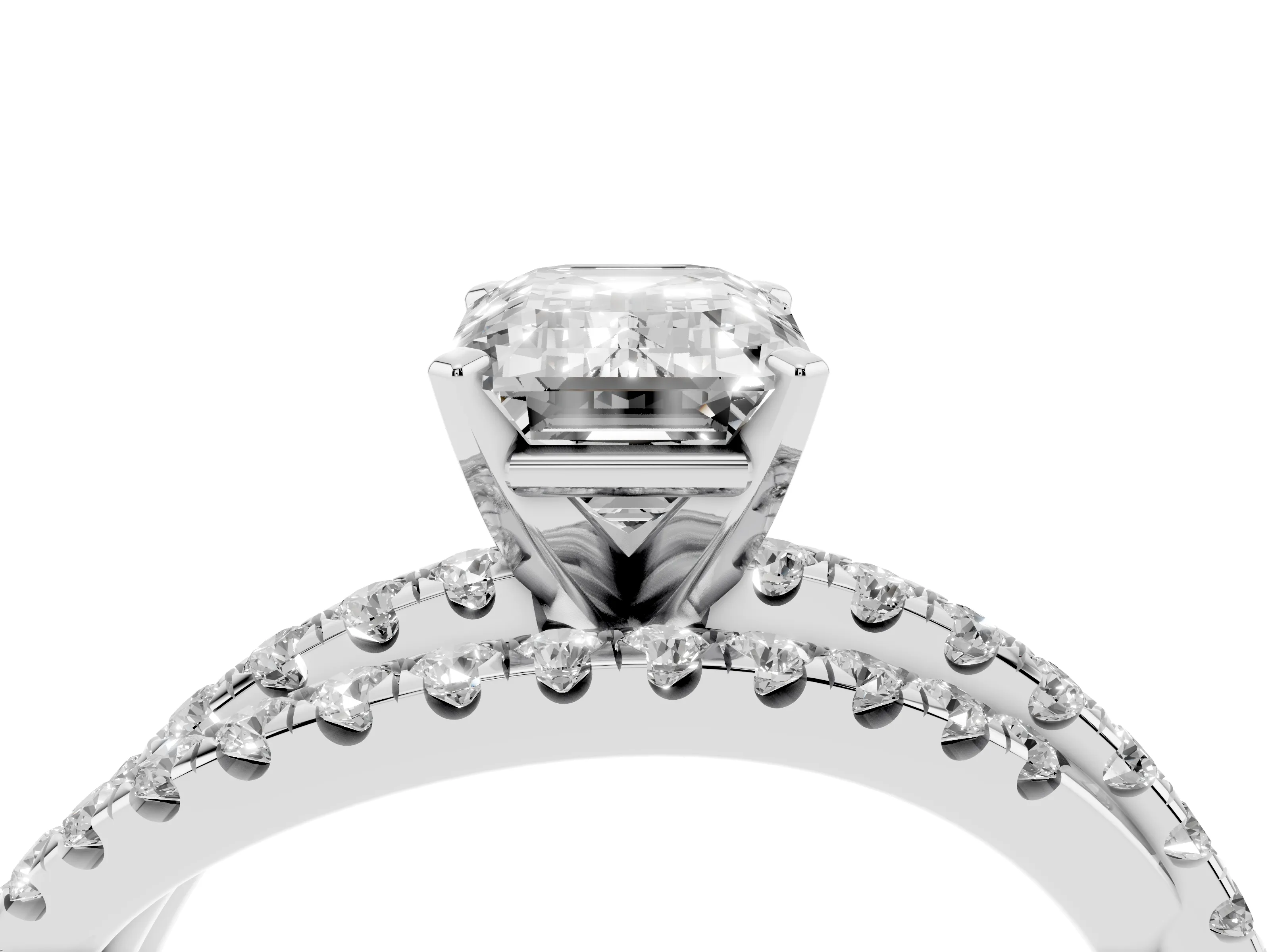 Emerald Cut Diamond Solitaire Twist Band Ring Set in White gold with Pavé Setting and Prong Head