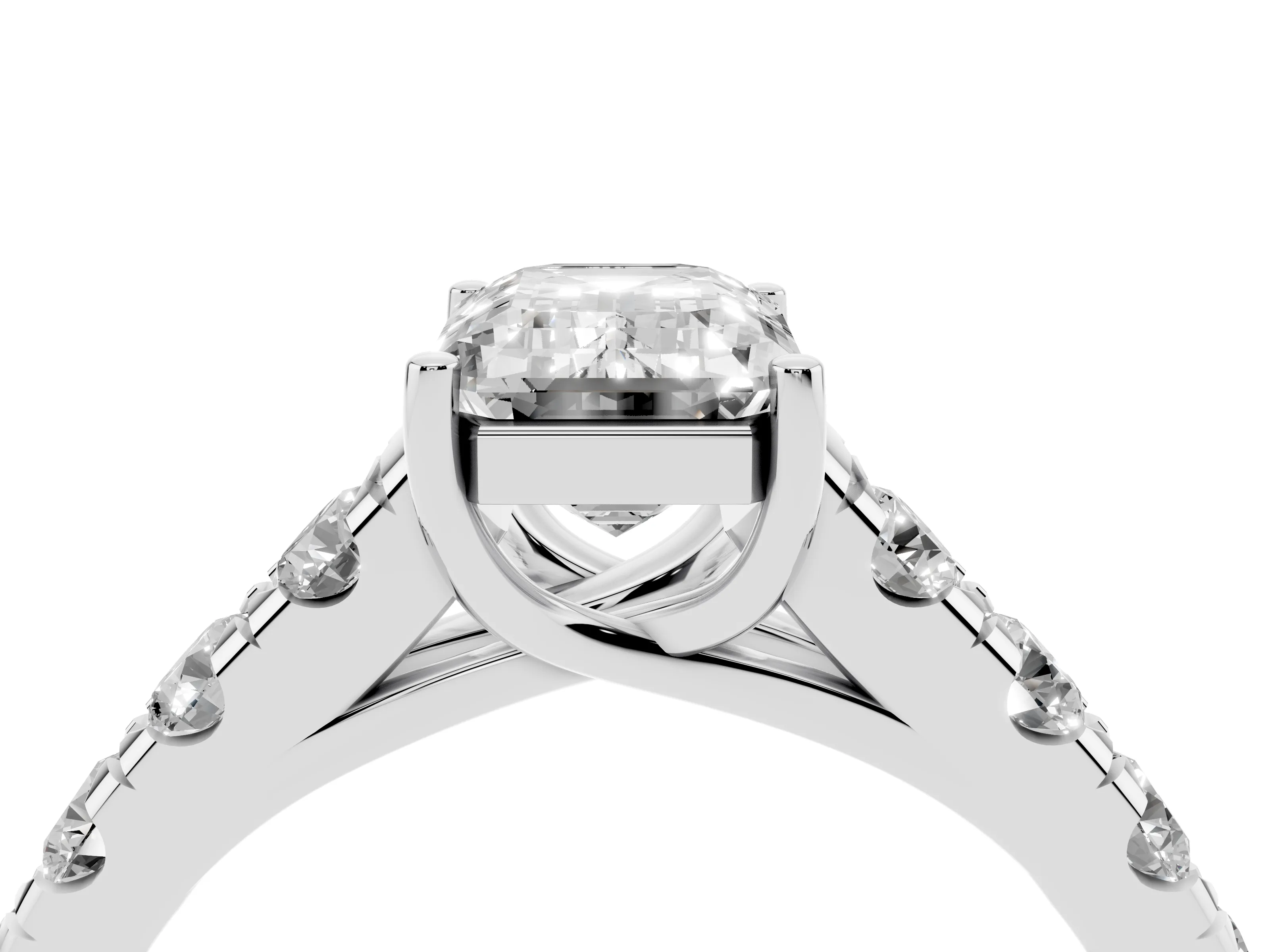 Emerald Cut Diamond Solitaire Ring Set in Platinum with Cut-Down Micro Pavé Band and Prong Setting